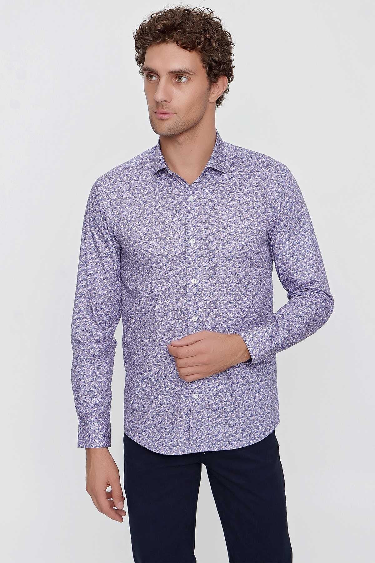 Morven Erkek Pembe Pamuk Baskılı Slim Fit Dar Kesim Gömlek
