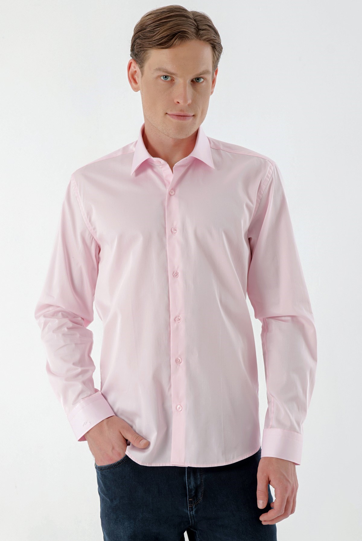 Morven Erkek Pembe Pamuk Saten Düz Desen Slim Fit Gömlek