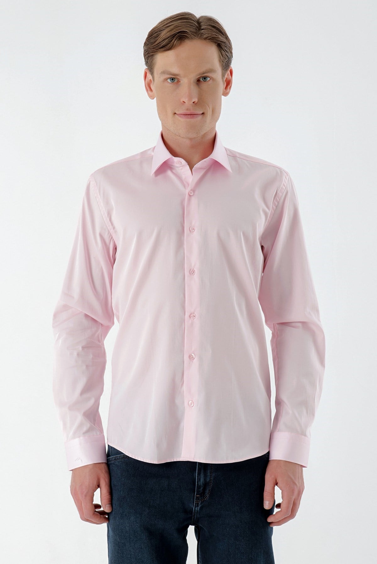 Morven Erkek Pembe Pamuk Saten Düz Desen Slim Fit Gömlek