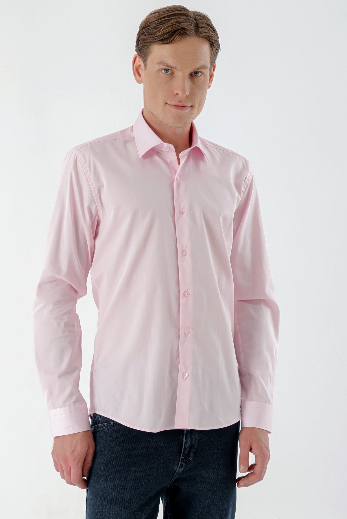 Morven Erkek Pembe Pamuk Saten Düz Desen Slim Fit Gömlek