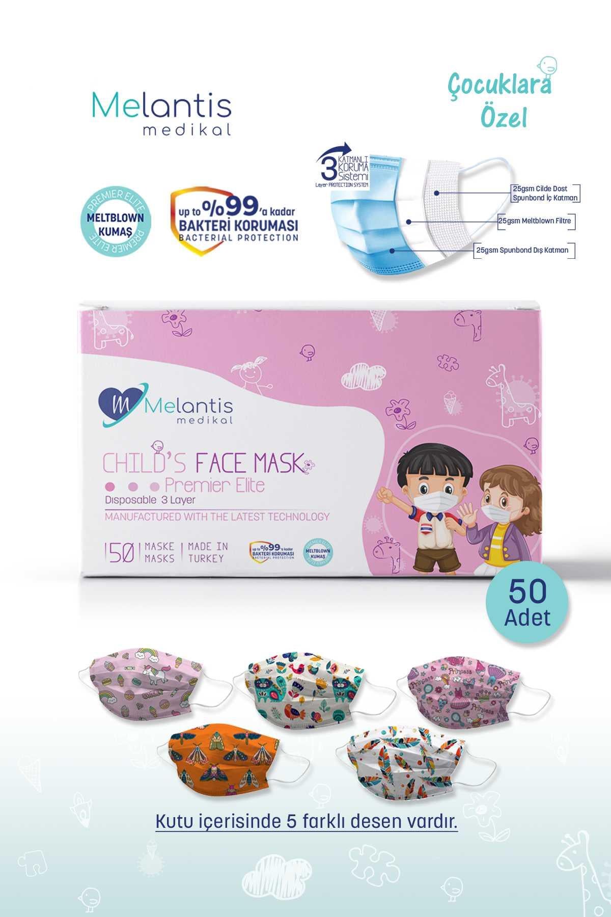 Morven Erkek Renkli MELANTİS MEDİKAL Meltblownlu 3 Katlı Telli Cerrahi Maske Kız Çocuk 1 Kutu = 50 Adet