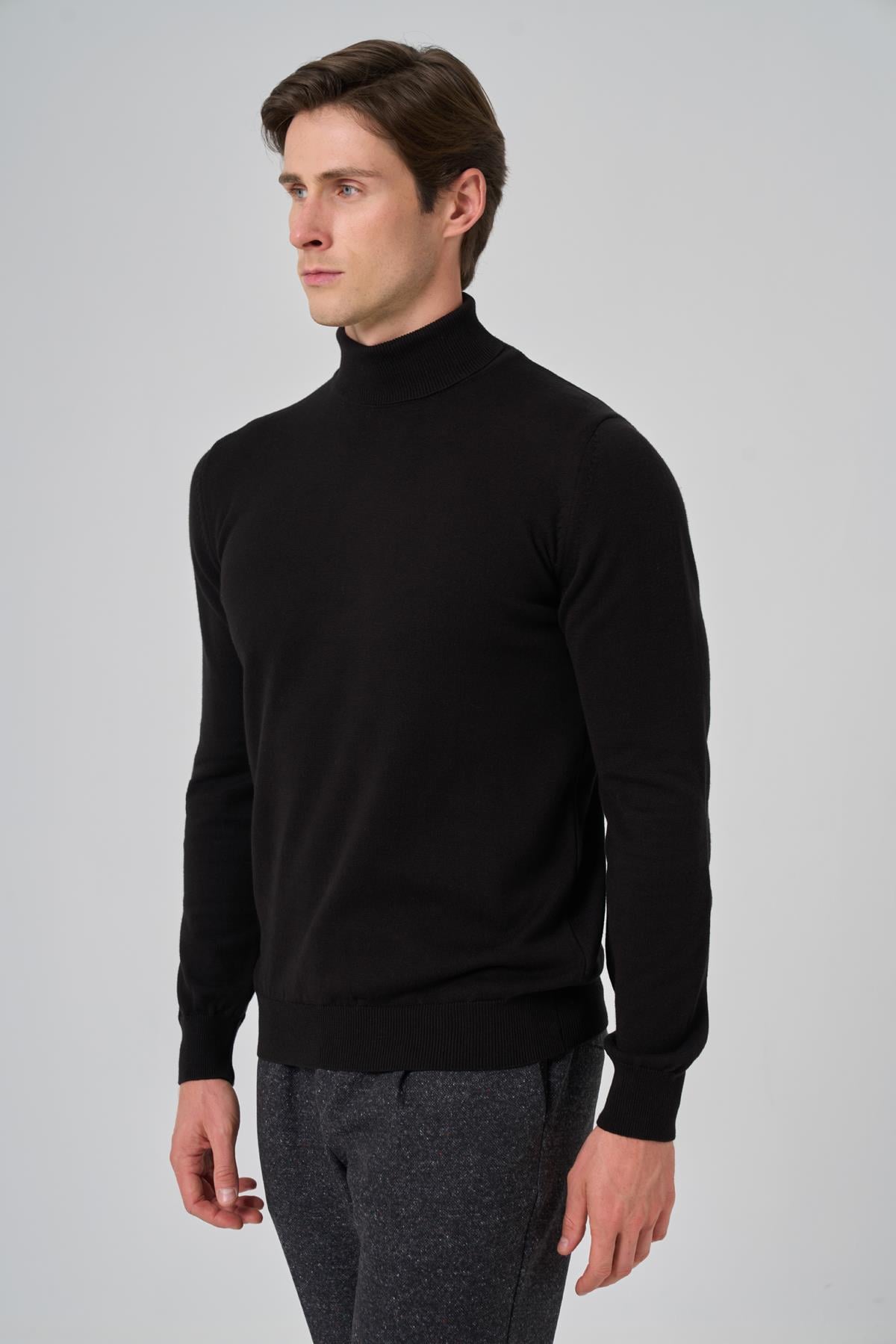 Morven Erkek Siyah Basic Balıkçı Yaka Dynamic Fit Rahat Kesim Triko