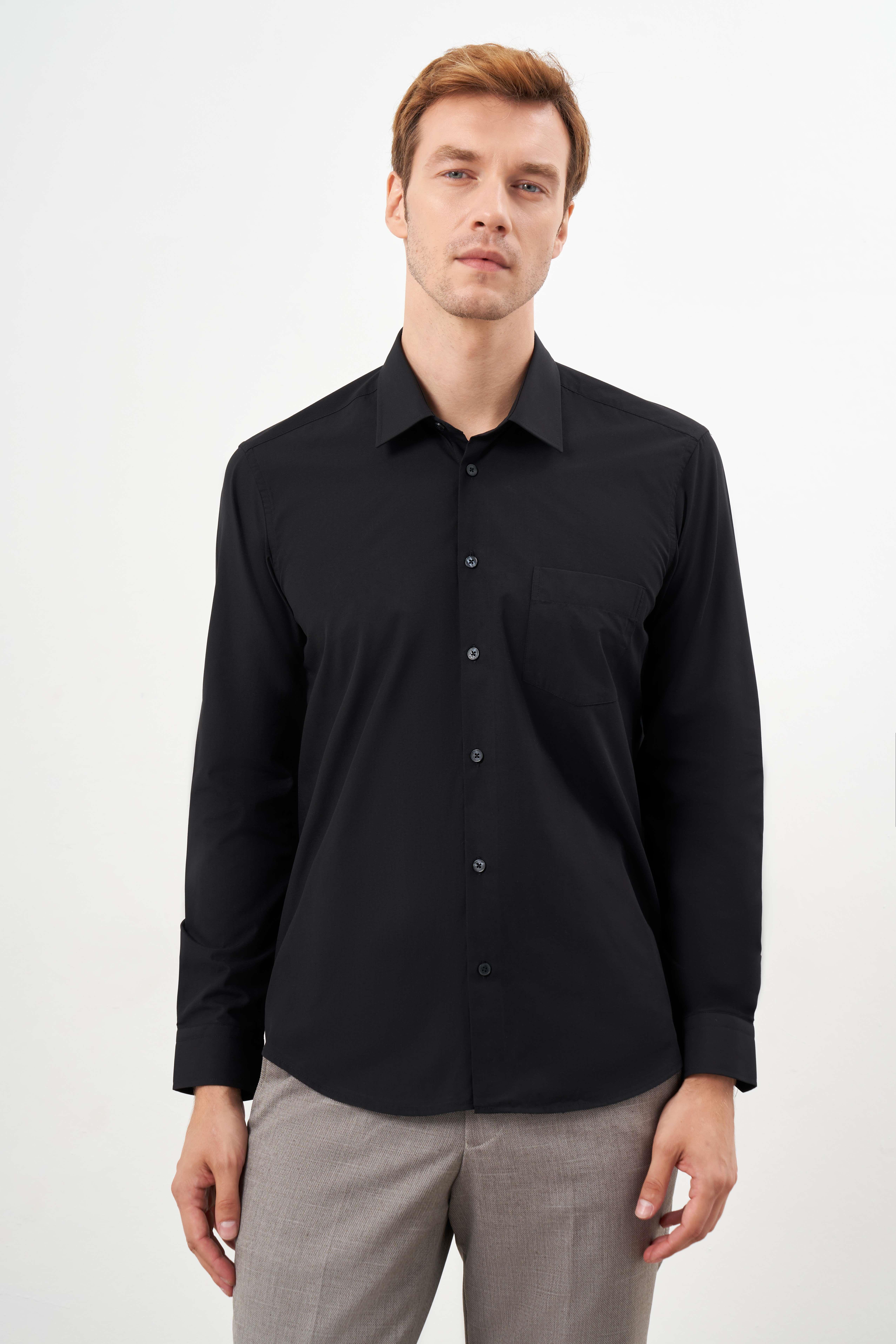 Morven Erkek Siyah Basic Düz Desen Cepli Sert Yaka Regular Fit Gömlek