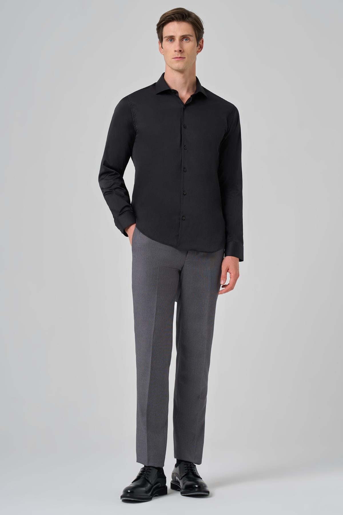 Morven Erkek Siyah Basic Düz Desen İtalyan Yaka Slim Fit Gömlek