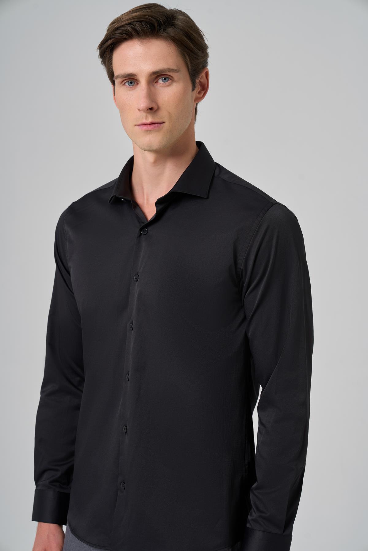 Morven Erkek Siyah Basic Düz Desen İtalyan Yaka Slim Fit Gömlek