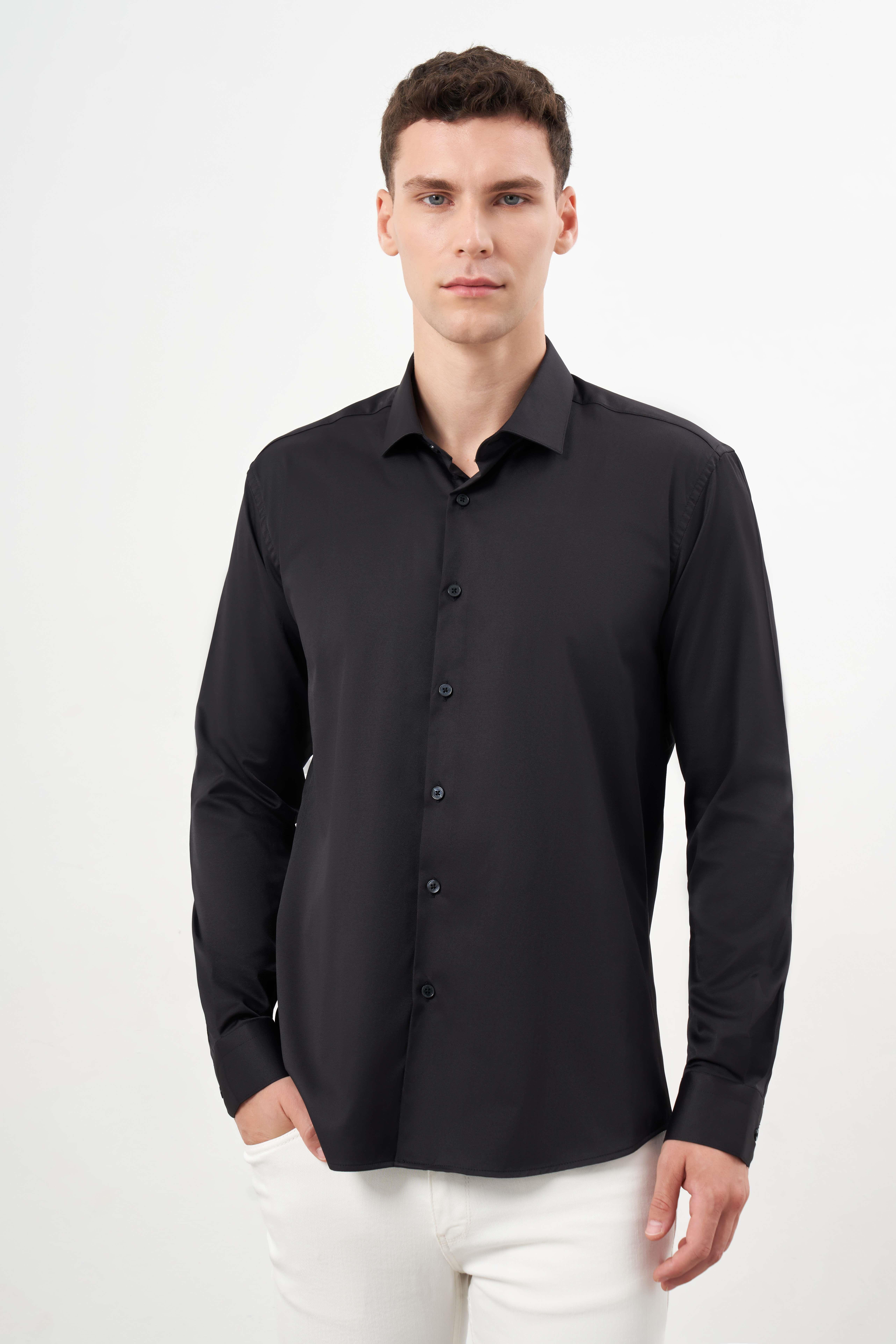 Morven Erkek Siyah Basic Düz Desen İtalyan Yaka Slim Fit Gömlek
