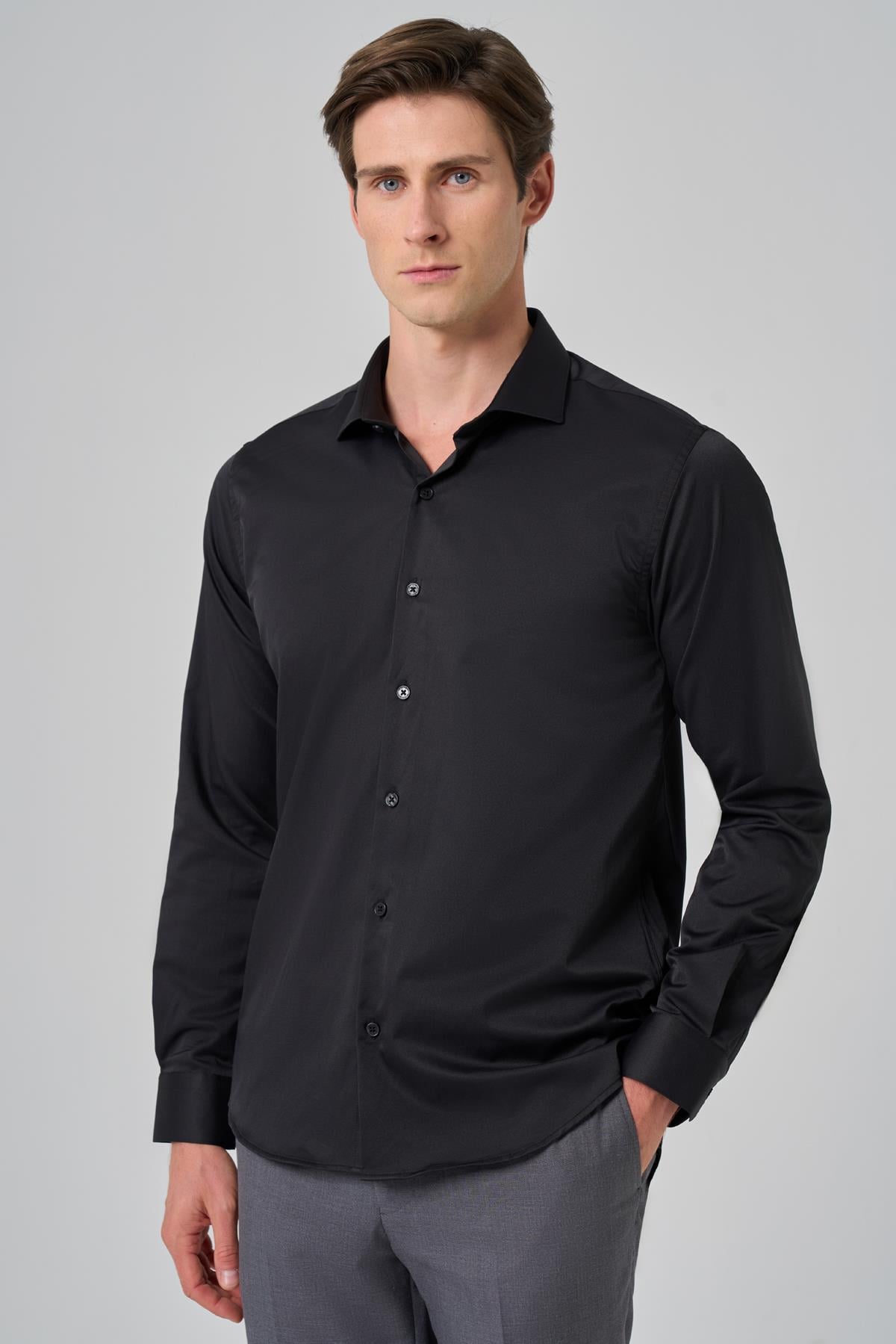 Morven Erkek Siyah Basic Düz Desen İtalyan Yaka Slim Fit Gömlek