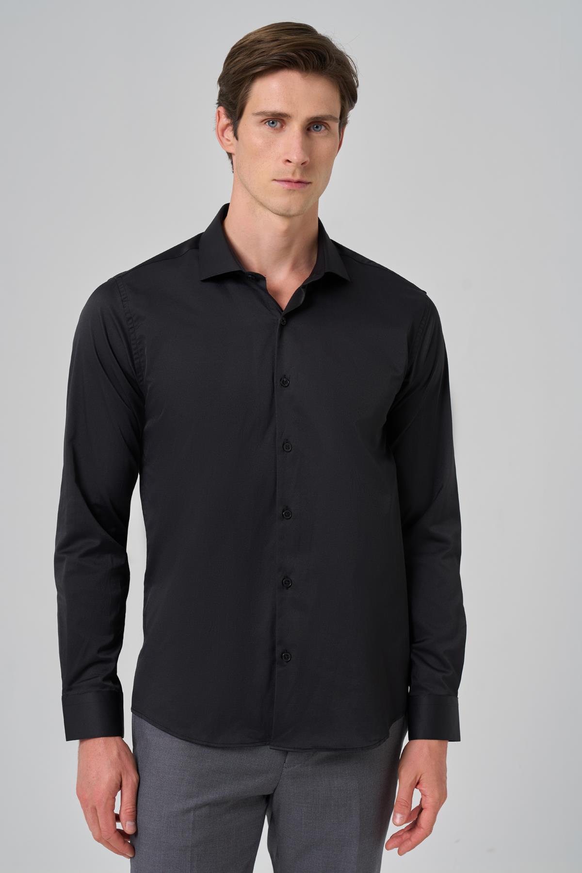 Morven Erkek Siyah Basic Düz Desen İtalyan Yaka Slim Fit Gömlek