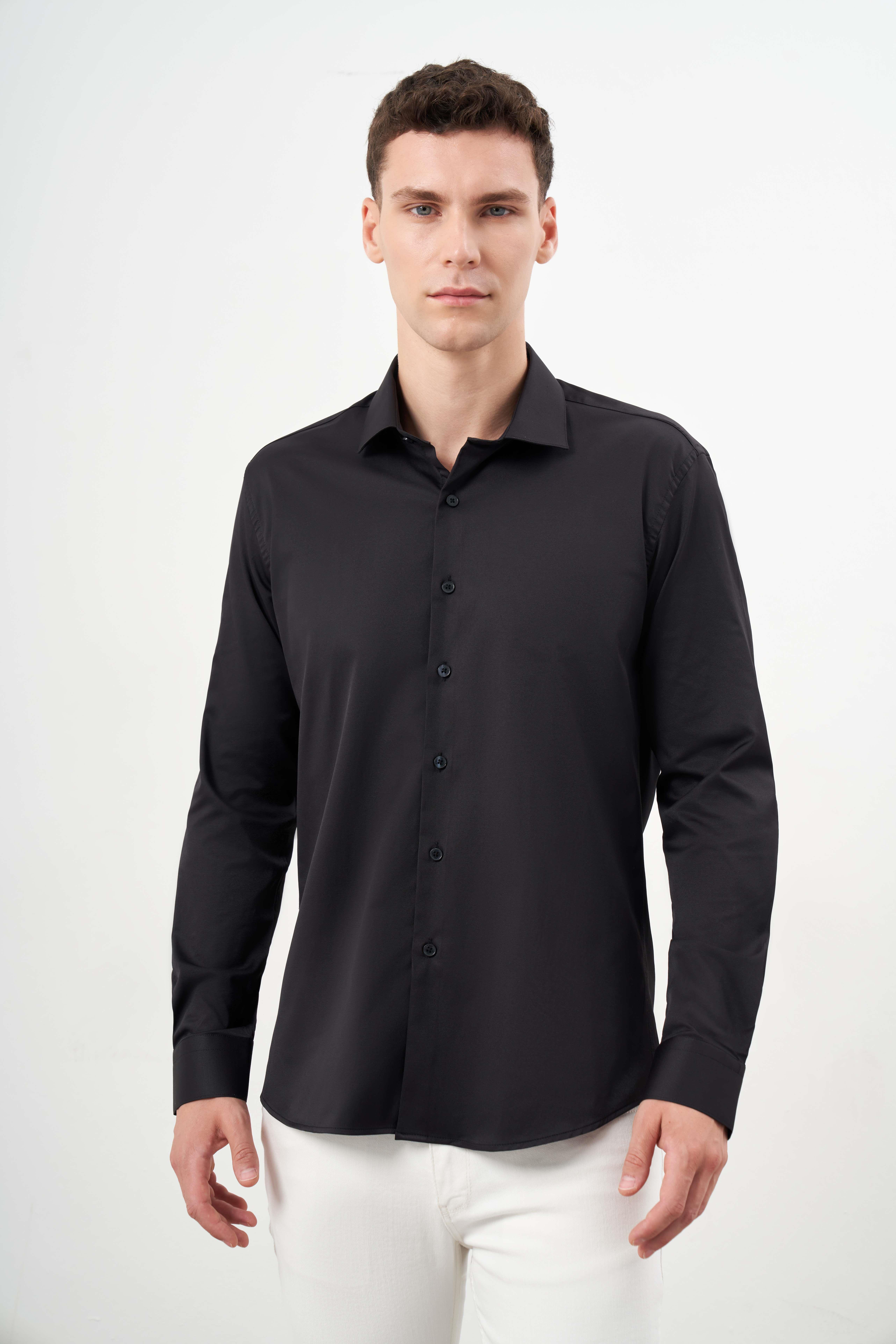 Morven Erkek Siyah Basic Düz Desen İtalyan Yaka Slim Fit Gömlek