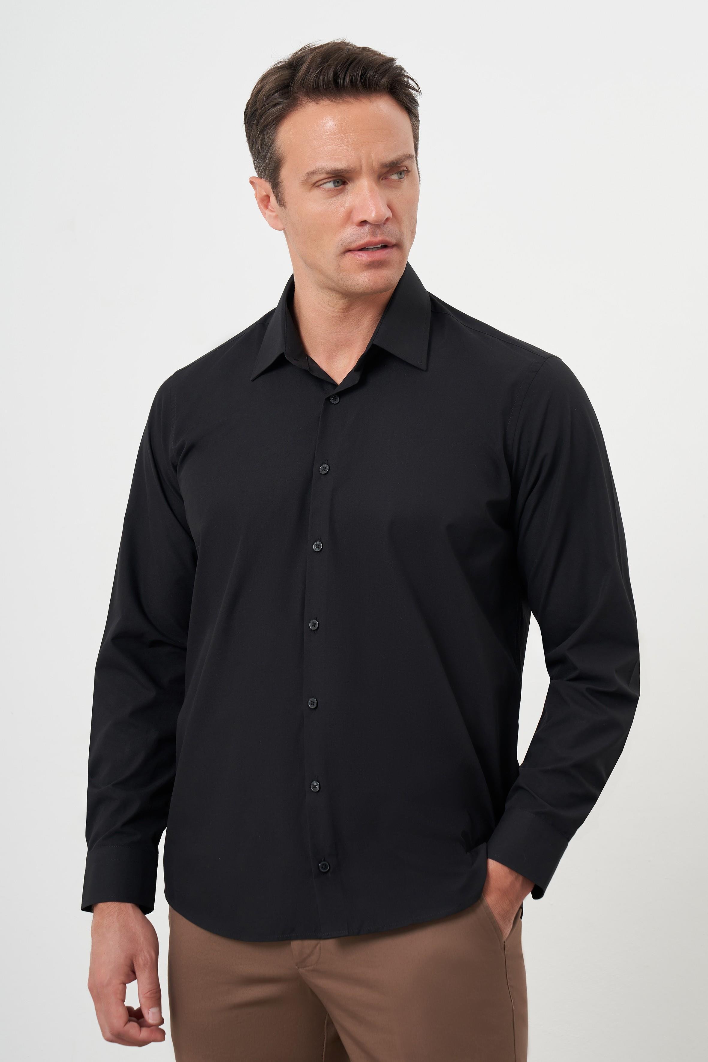 Morven Erkek Siyah Basic Düz Desen Sert Yaka Regular Fit Gömlek