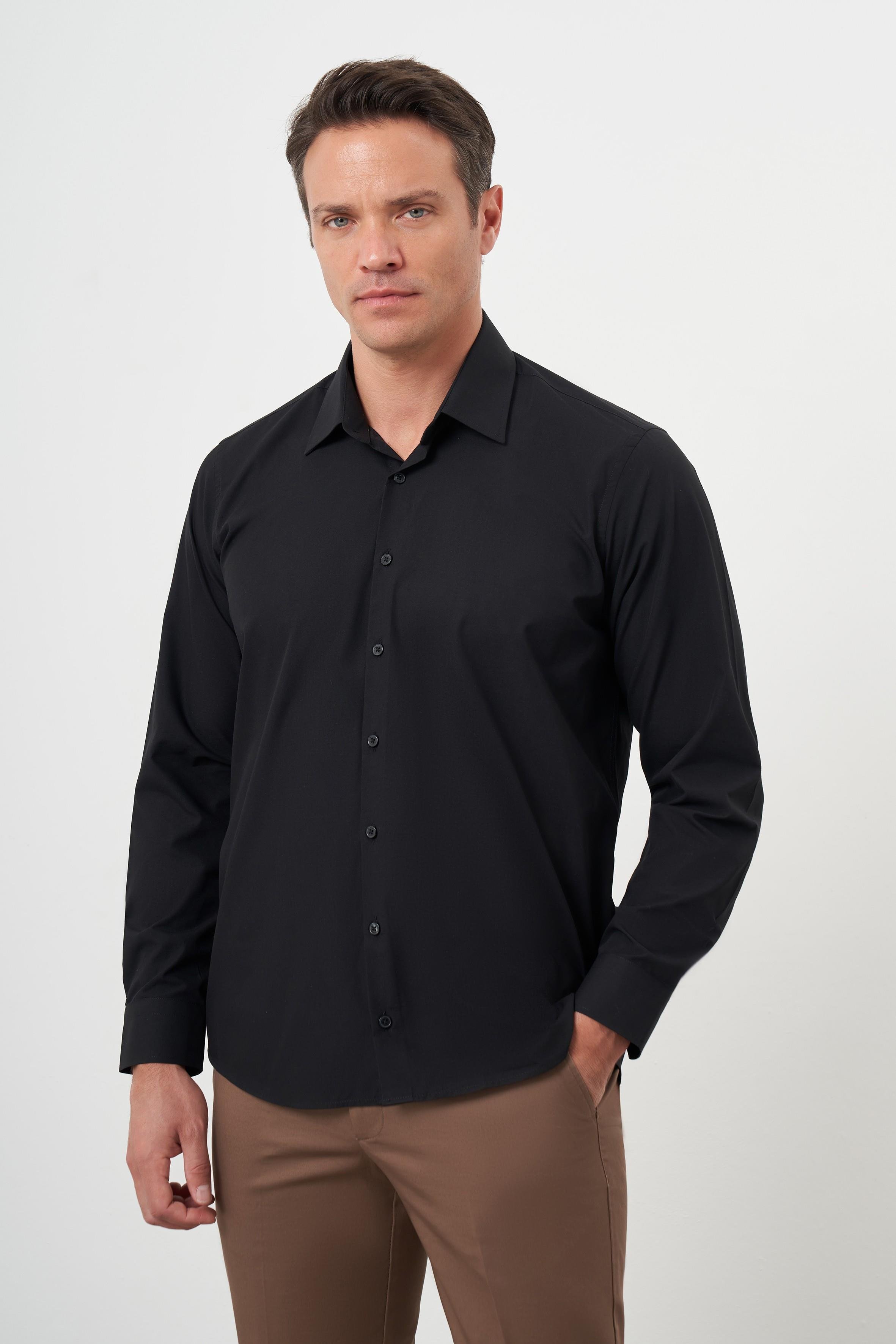 Morven Erkek Siyah Basic Düz Desen Sert Yaka Regular Fit Gömlek