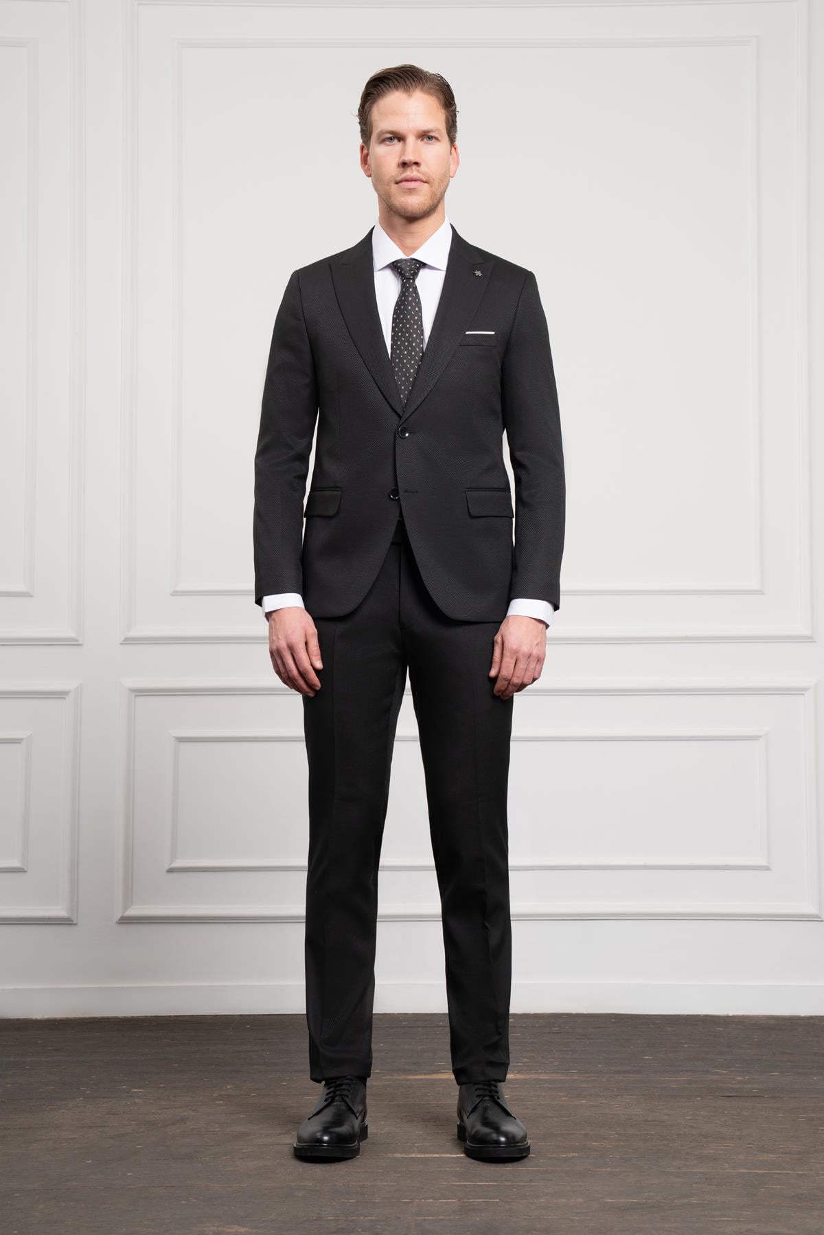 Morven Erkek Siyah Basic Jakar Desen Slim Fit Sivri Yaka Takım Elbise