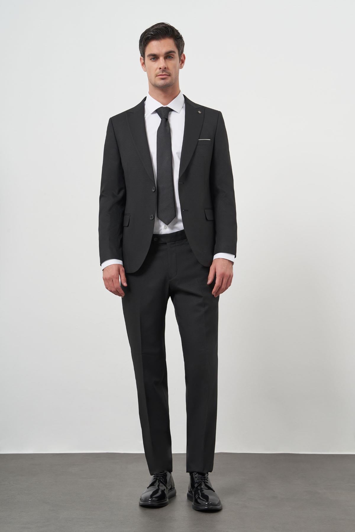 Morven Erkek Siyah Basic Jakar Desen Slim Fit Sivri Yaka Takım Elbise