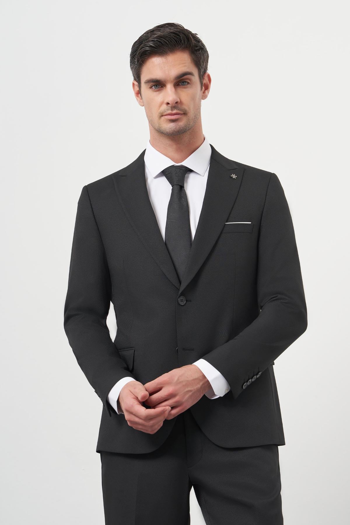 Morven Erkek Siyah Basic Jakar Desen Slim Fit Sivri Yaka Takım Elbise