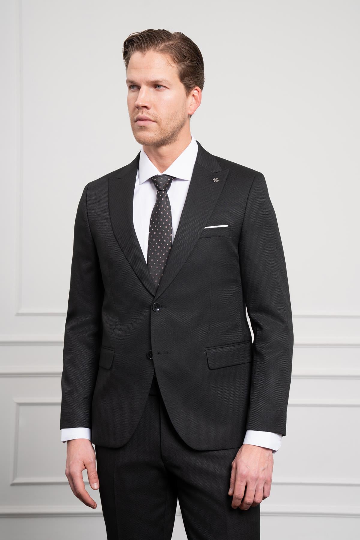 Morven Erkek Siyah Basic Jakar Desen Slim Fit Sivri Yaka Takım Elbise