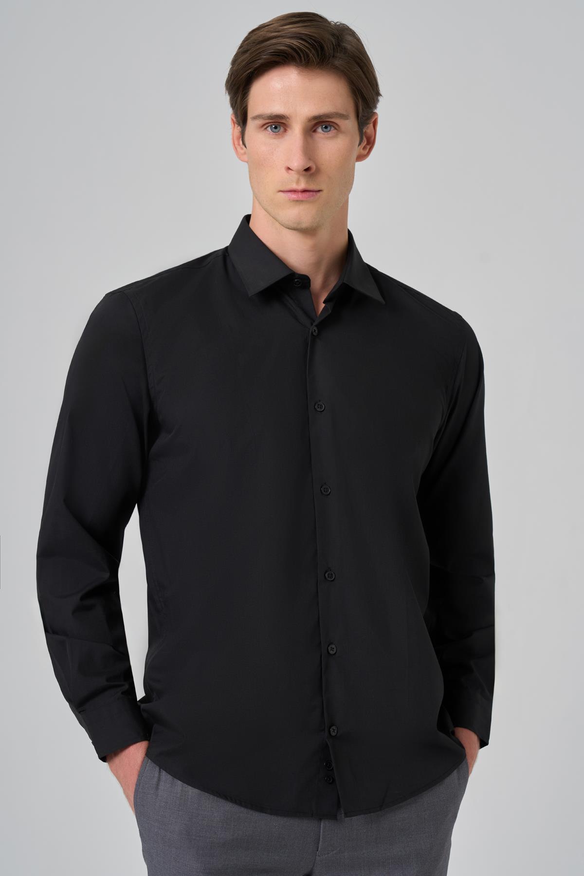 Morven Erkek Siyah Basic Regular Fit Sert Yaka Gömlek