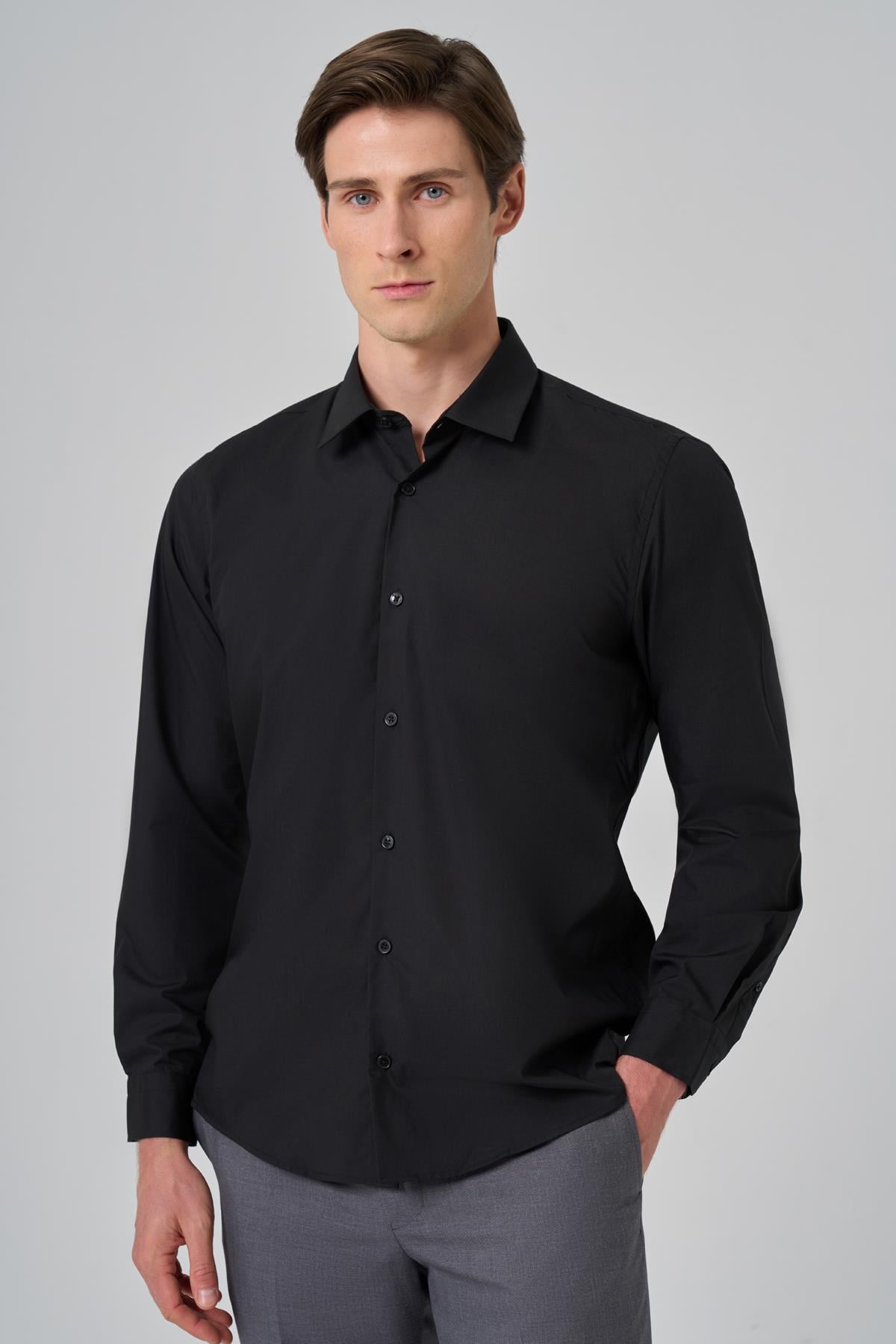 Morven Erkek Siyah Basic Regular Fit Sert Yaka Gömlek
