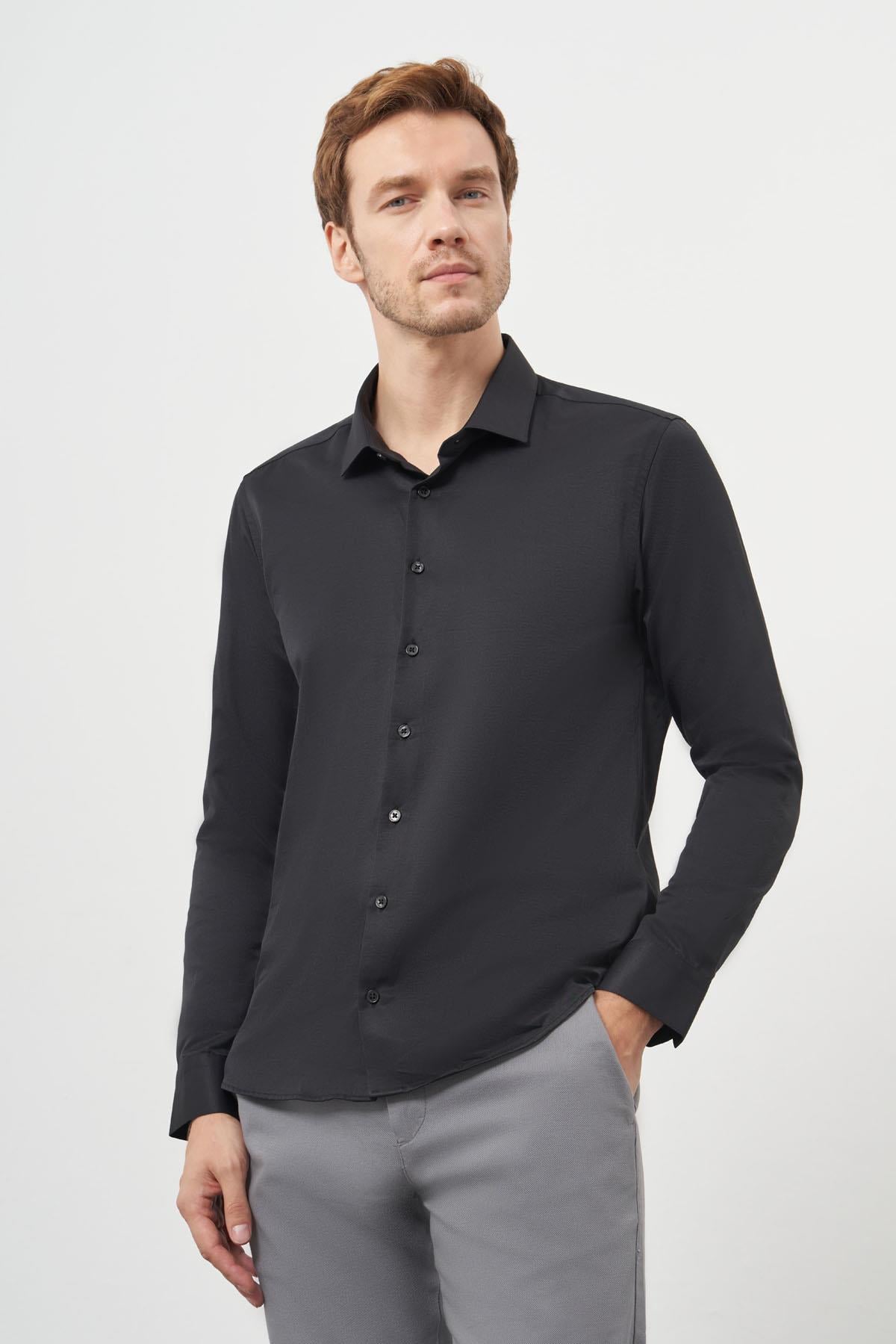 Morven Erkek Siyah Basic Slim Fit İtalyan Yaka Gömlek