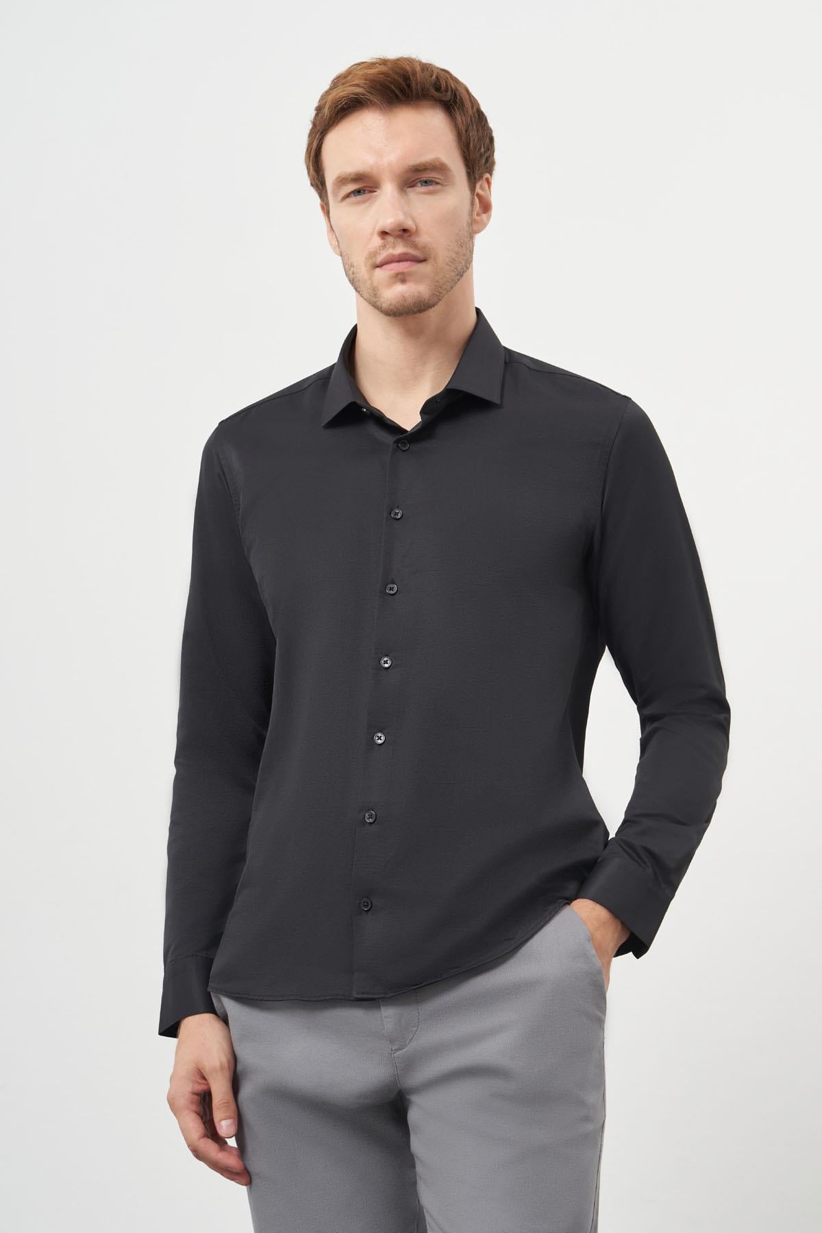 Morven Erkek Siyah Basic Slim Fit İtalyan Yaka Gömlek