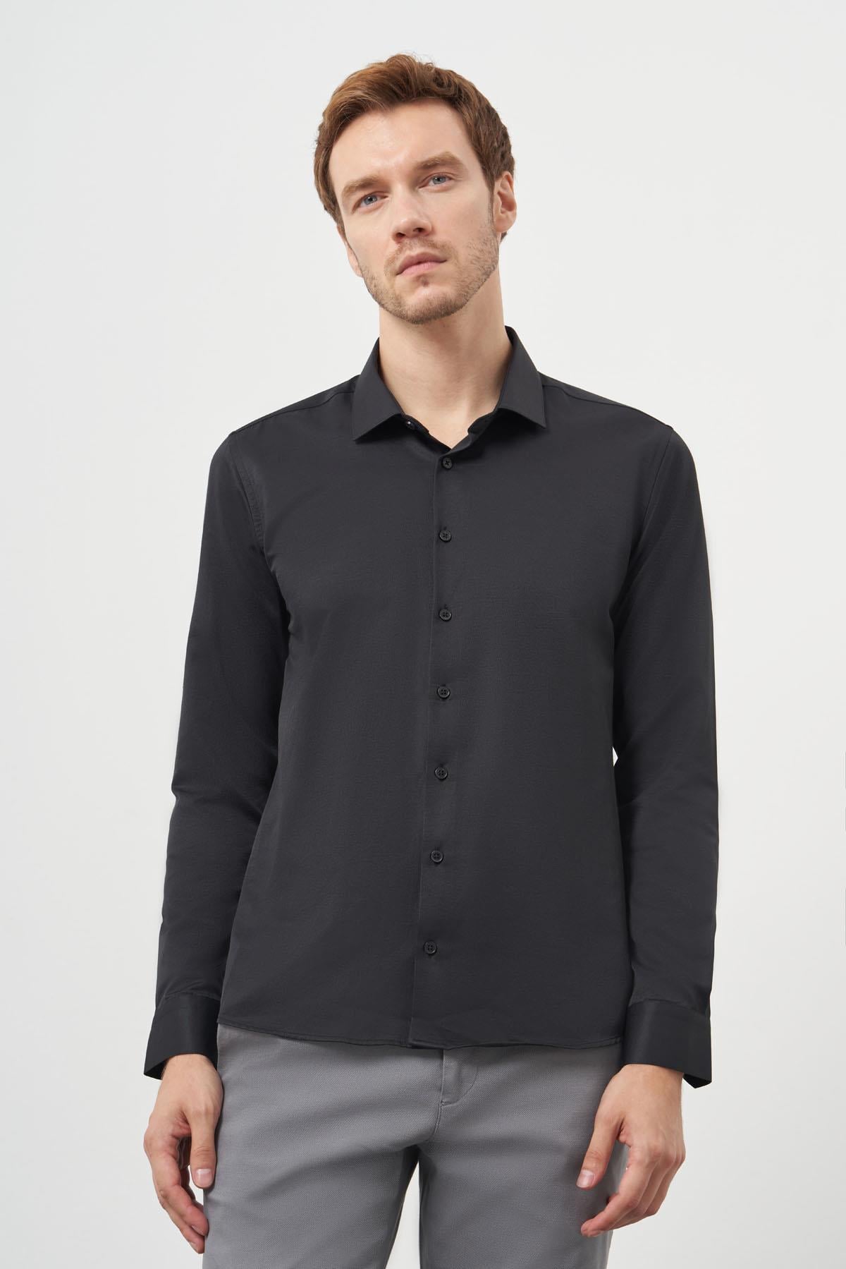 Morven Erkek Siyah Basic Slim Fit İtalyan Yaka Gömlek
