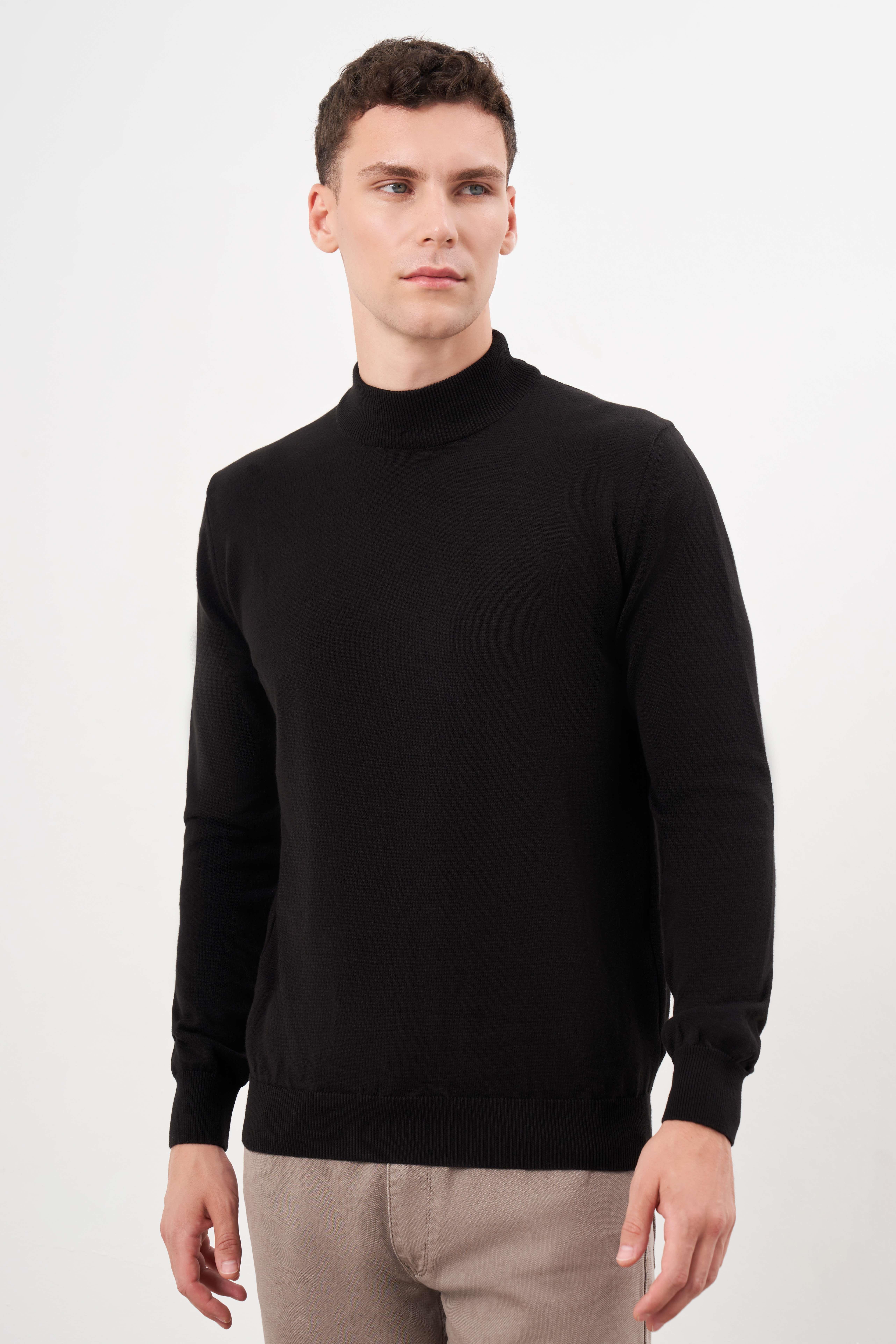 Morven Erkek Siyah Basic Yarım Balıkçı Yaka Dynamic Fit Rahat Kesim Triko