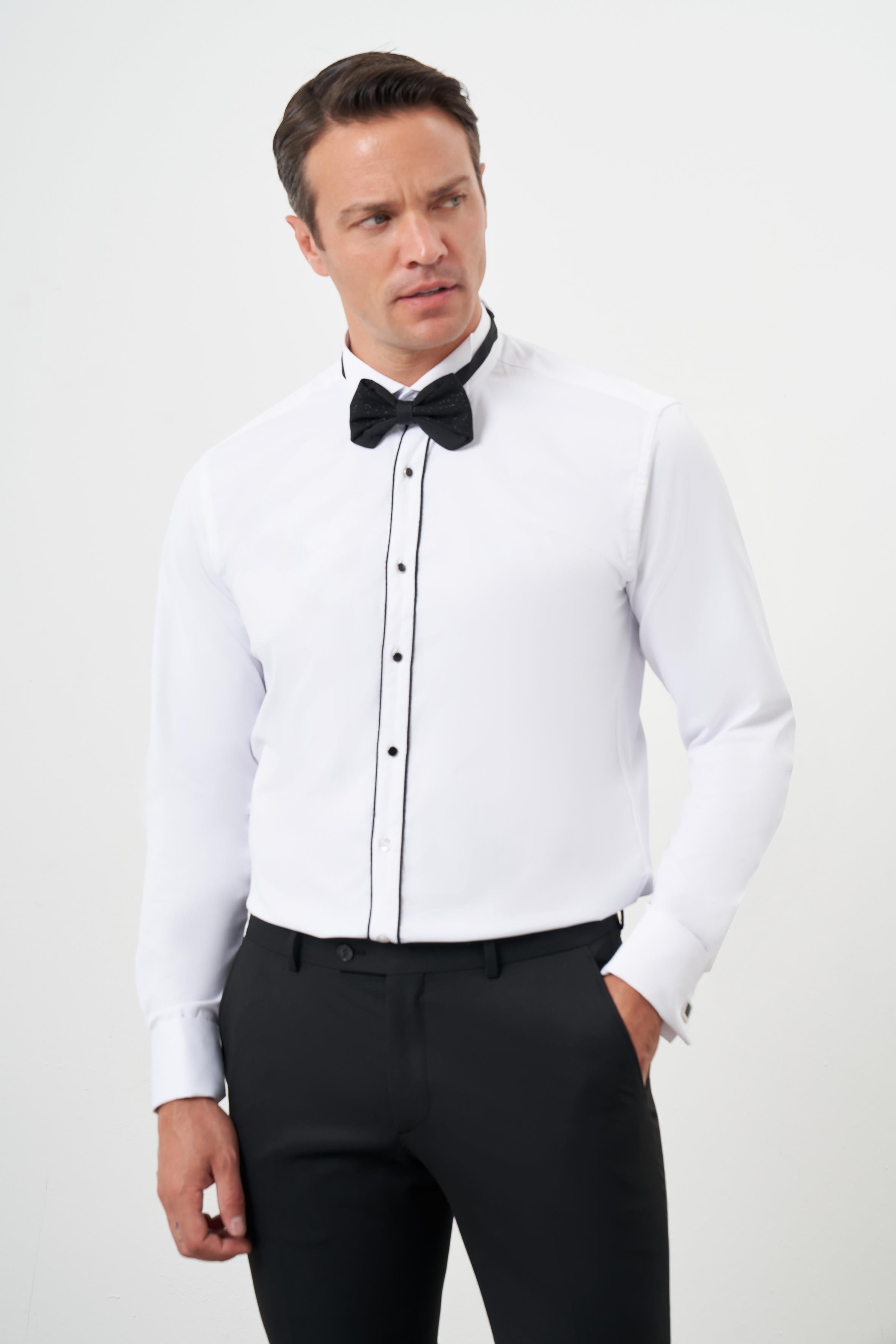 Morven Erkek Siyah Biyeli Düz Desen Ata Yaka Slim Fit Gömlek