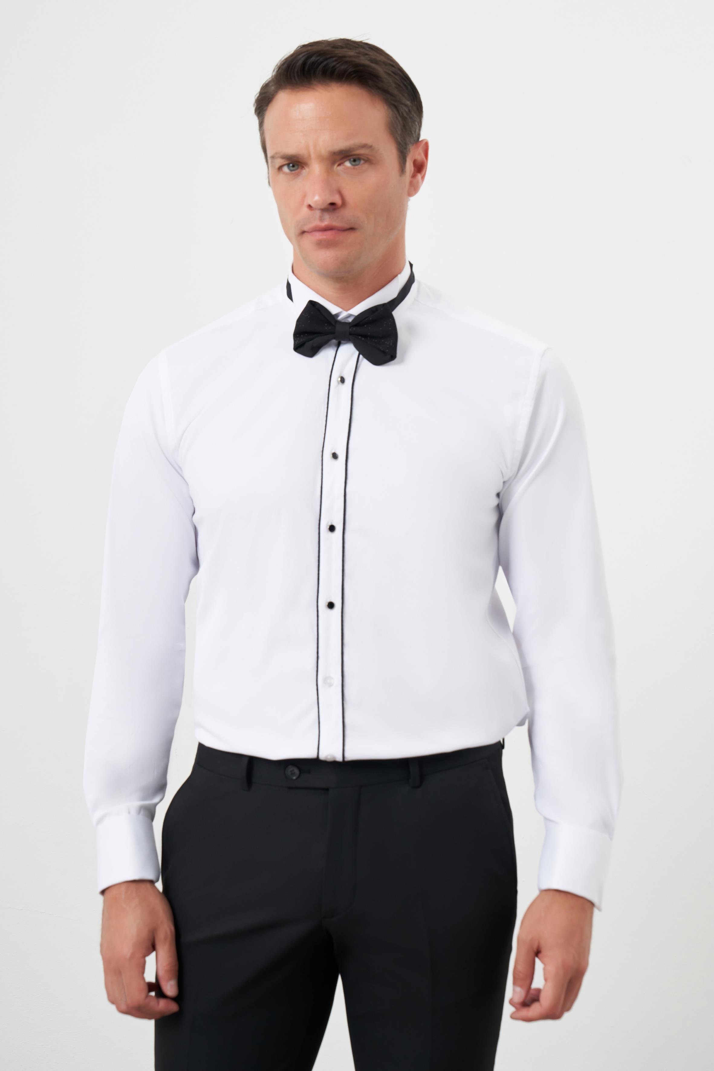 Morven Erkek Siyah Biyeli Düz Desen Ata Yaka Slim Fit Gömlek