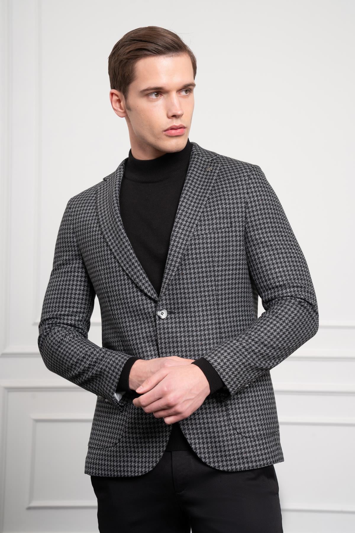 Morven Erkek Siyah Dokuma Slim Fit Dar Kesim Mono Yaka Ceket