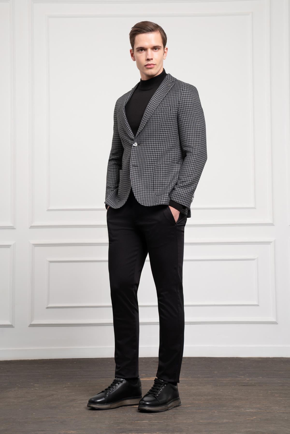 Morven Erkek Siyah Dokuma Slim Fit Dar Kesim Mono Yaka Ceket