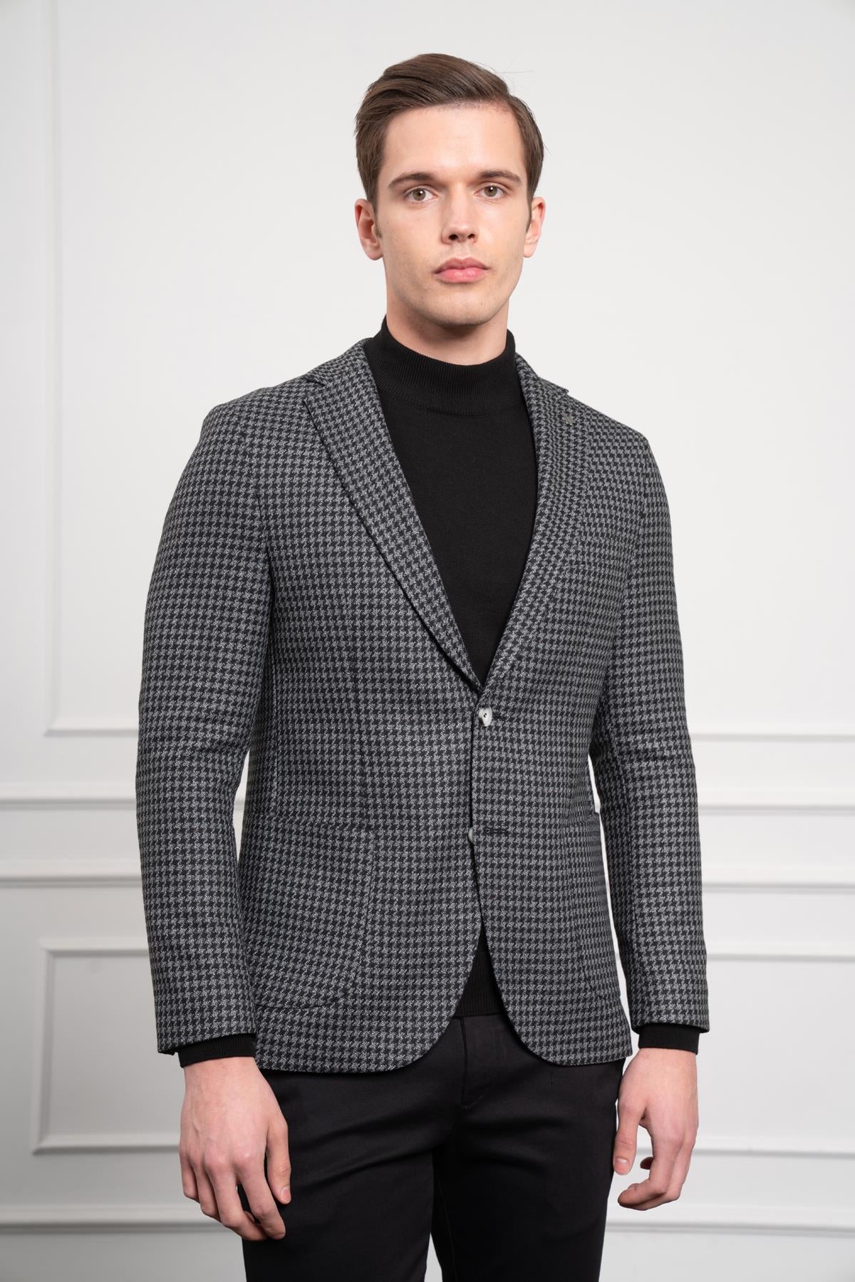 Morven Erkek Siyah Dokuma Slim Fit Dar Kesim Mono Yaka Ceket