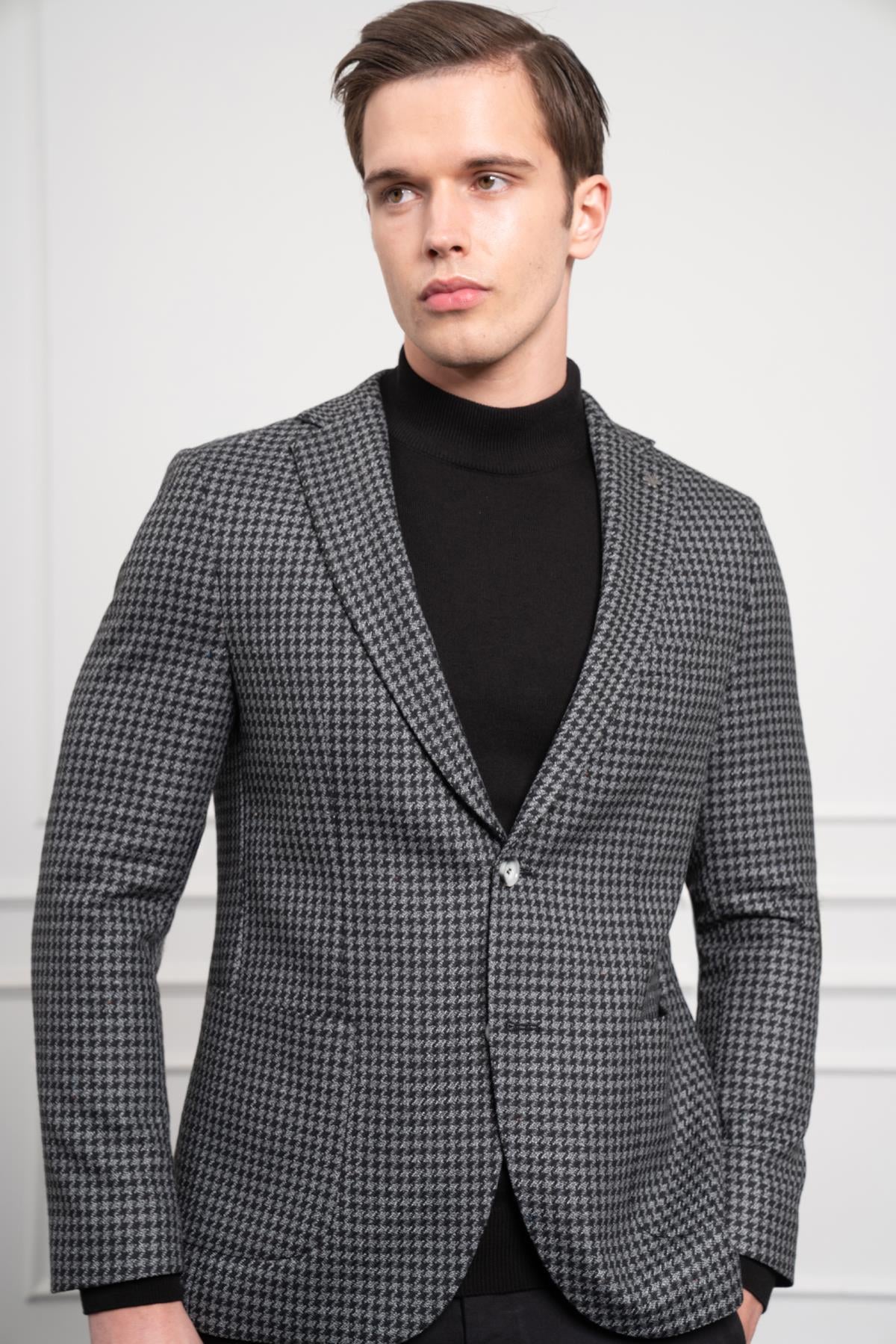 Morven Erkek Siyah Dokuma Slim Fit Dar Kesim Mono Yaka Ceket