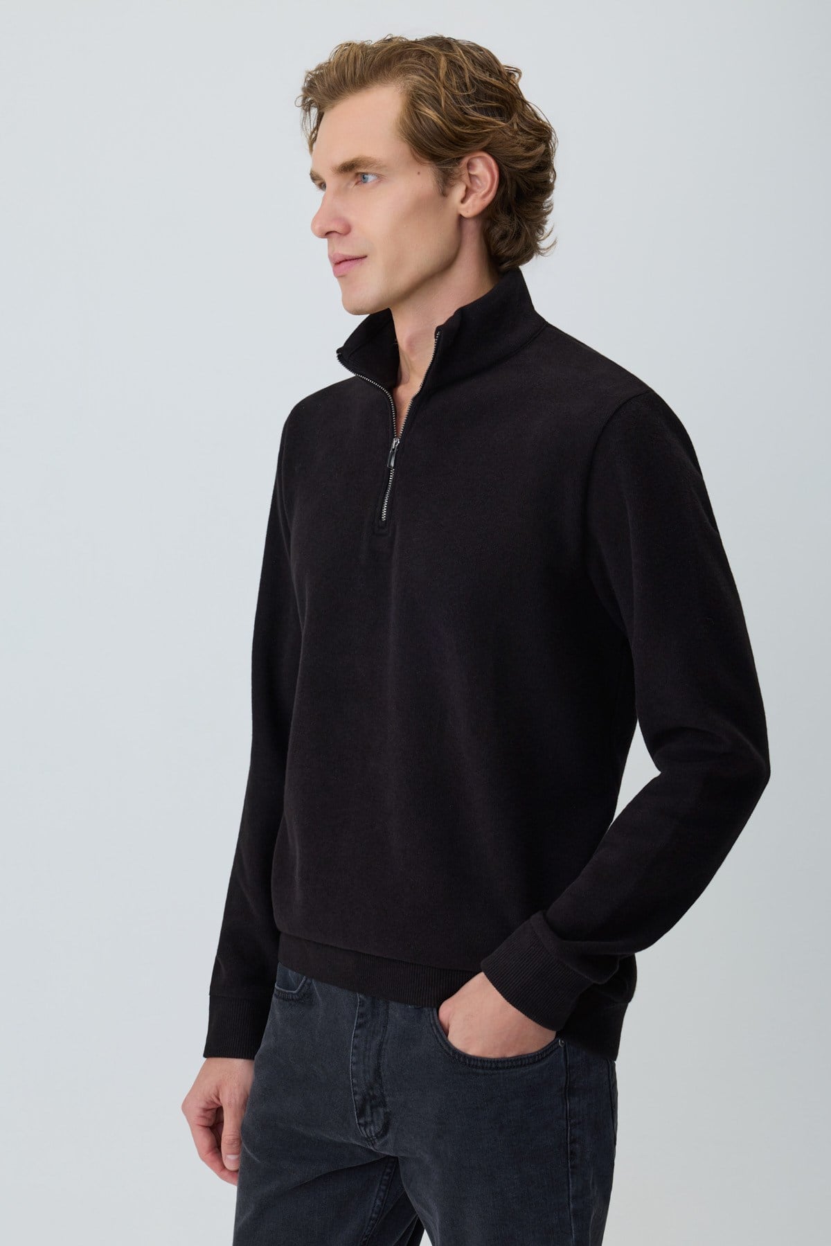 Morven Erkek Siyah Fermuarlı Bato Yaka Dynamic Fit Sweatshirt