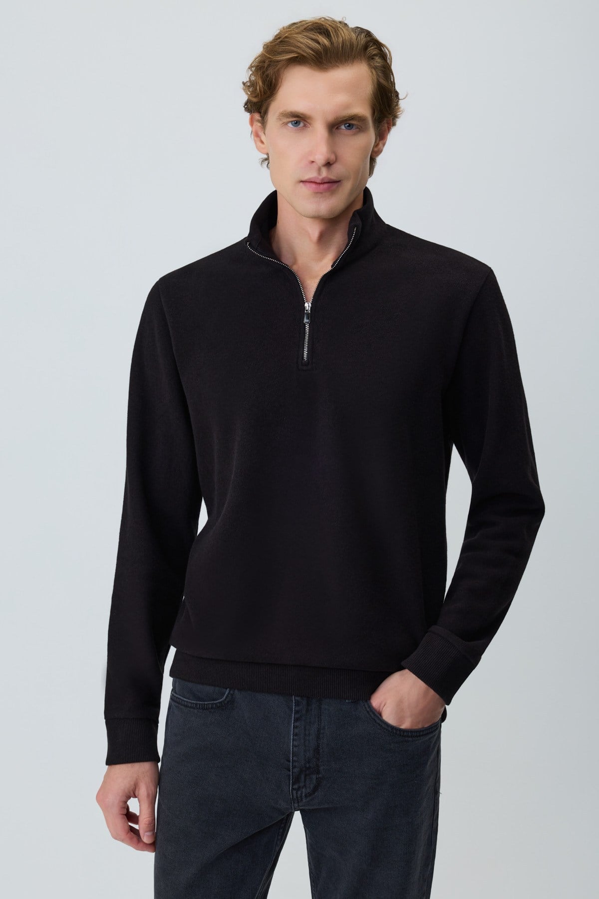 Morven Erkek Siyah Fermuarlı Bato Yaka Dynamic Fit Sweatshirt