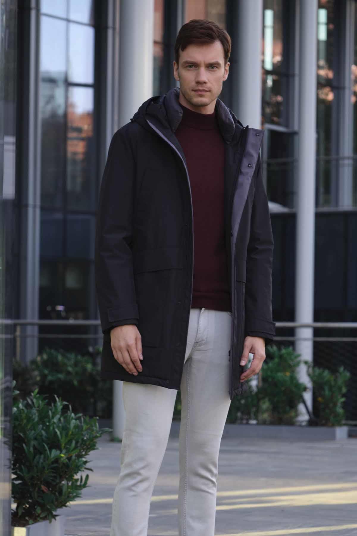 Morven Erkek Siyah Flora Çıtçıtlı Kapüşonlu Dynamic Fit Rahat Kesim Mont