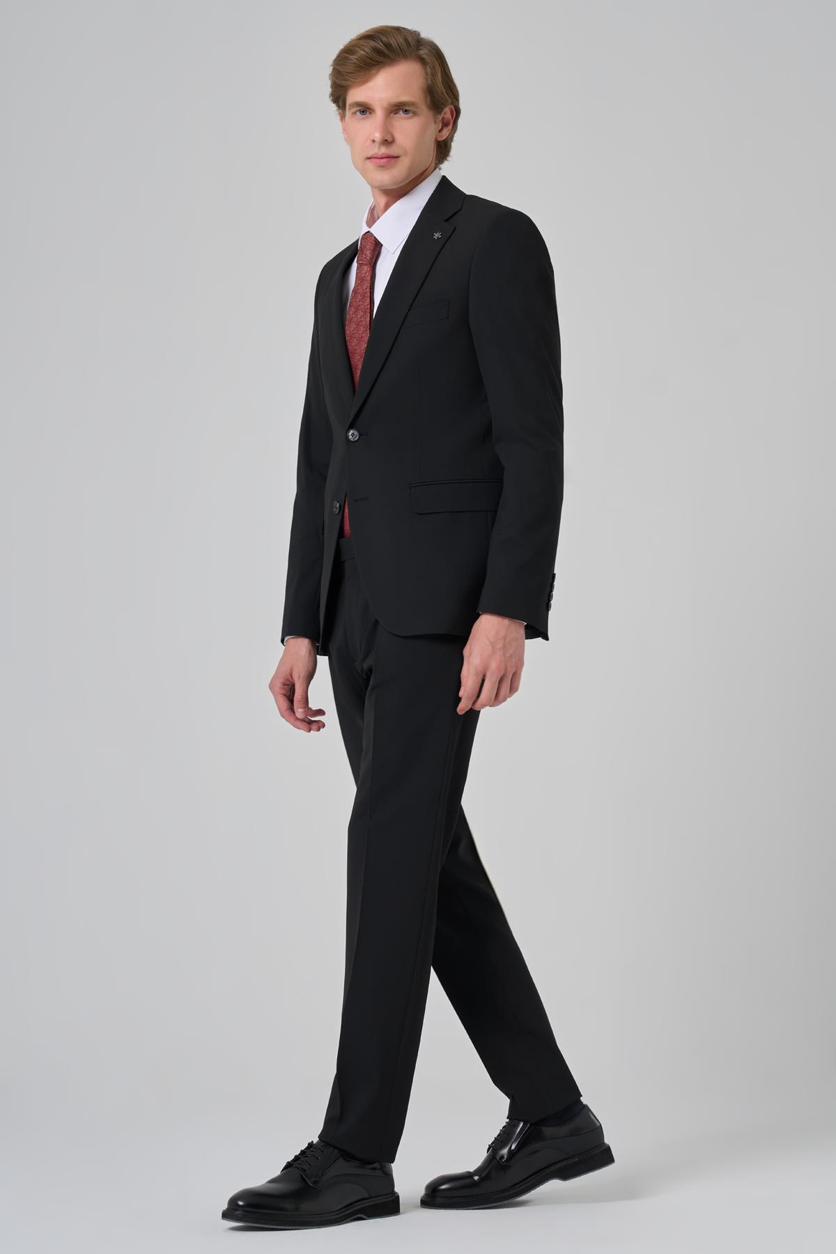 Morven Erkek Siyah Slim Fit Mono Yaka Yelekli Takım Elbise