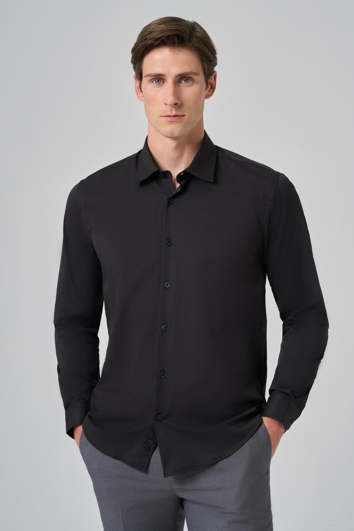 Morven Erkek Siyah Slim Fit Sert Yaka Gömlek
