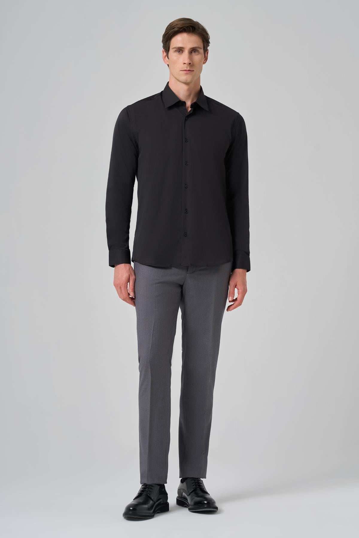 Morven Erkek Siyah Slim Fit Sert Yaka Gömlek