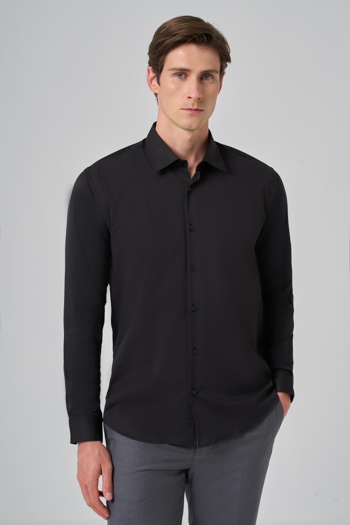 Morven Erkek Siyah Slim Fit Sert Yaka Gömlek