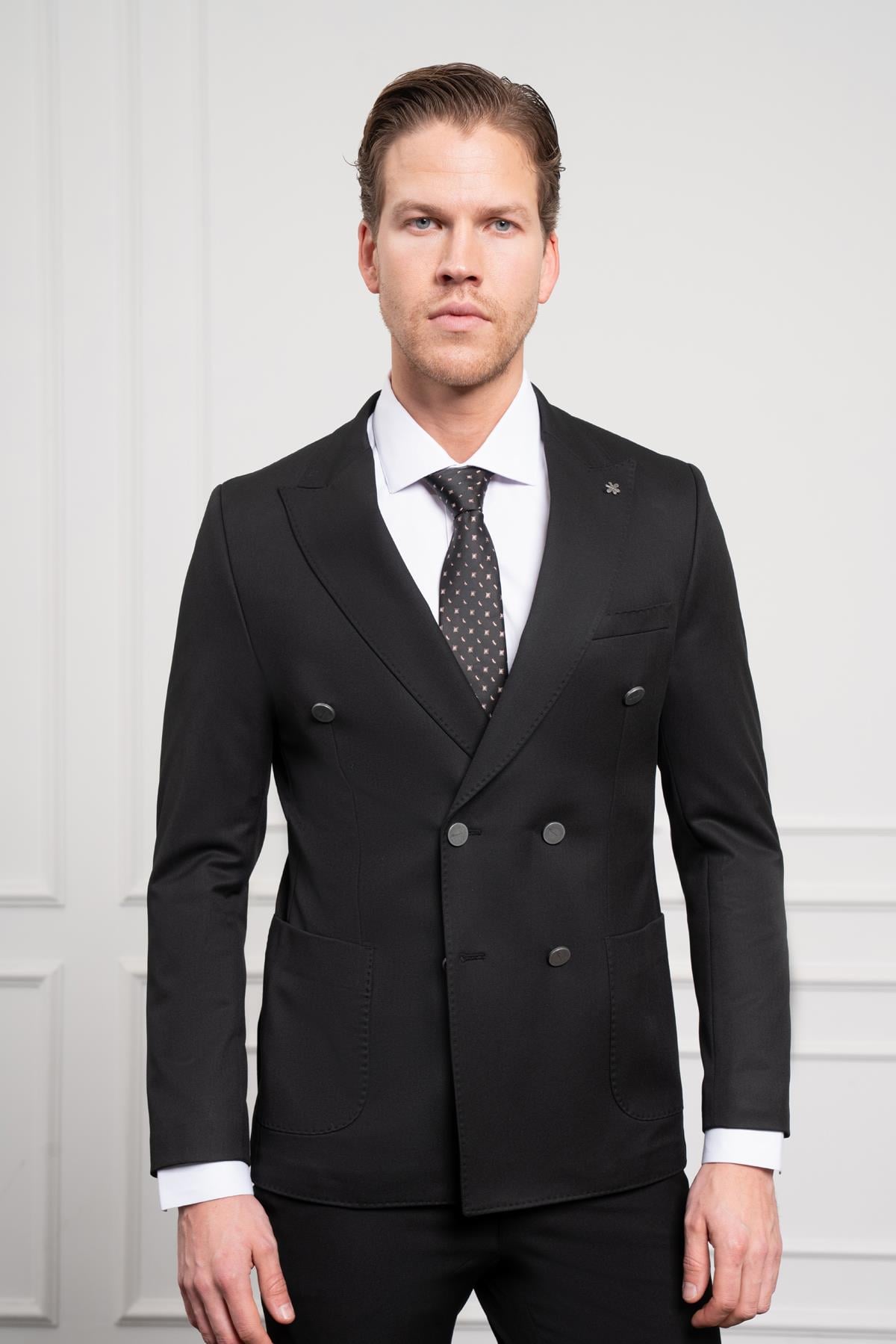 Morven Erkek Siyah Kruvaze Slim Fit Sivri Yaka Takım Elbise