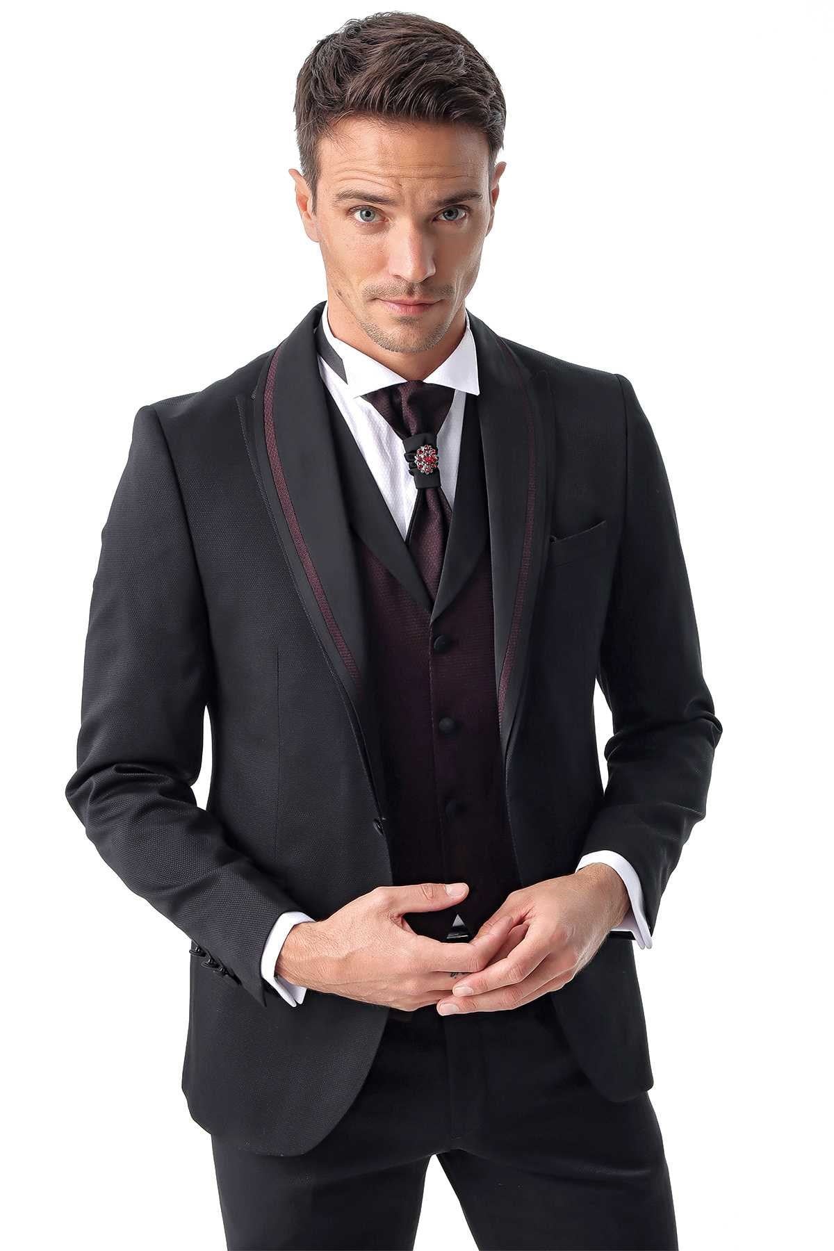 Morven Erkek Siyah Monhattan Slim Fit Dar Kesim Jakarlı Smokin