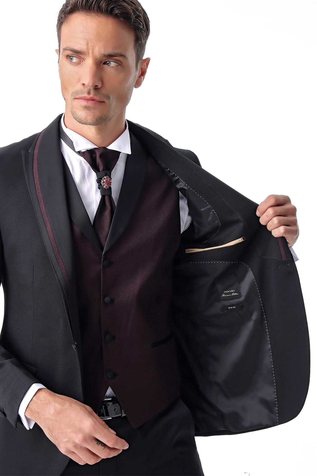 Morven Erkek Siyah Monhattan Slim Fit Dar Kesim Jakarlı Smokin