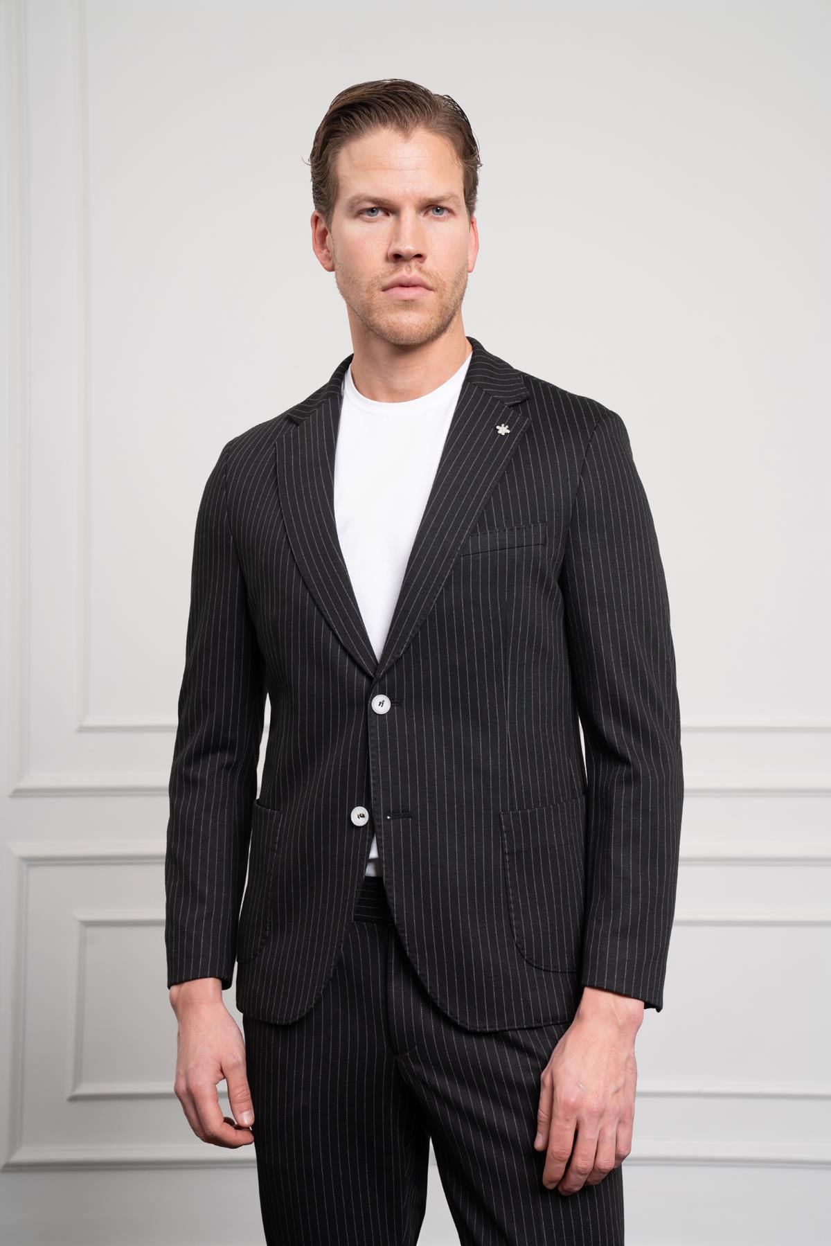 Morven Erkek Siyah Örme Slim Fit Mono Yaka Takım Elbise Dar Kesim