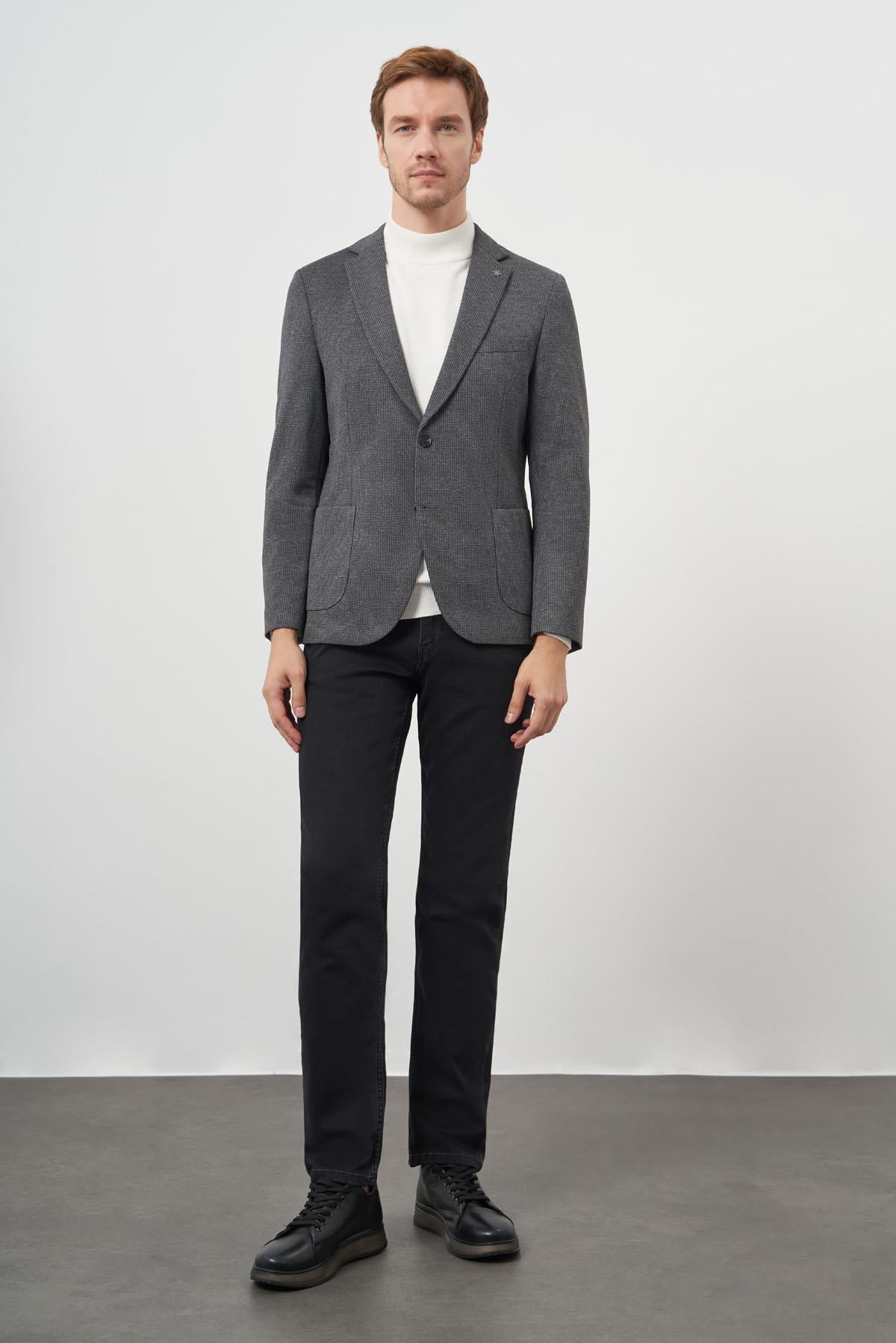 Morven Erkek Siyah Örme Slim Fit Torba Cep Mono Yaka Spor Ceket