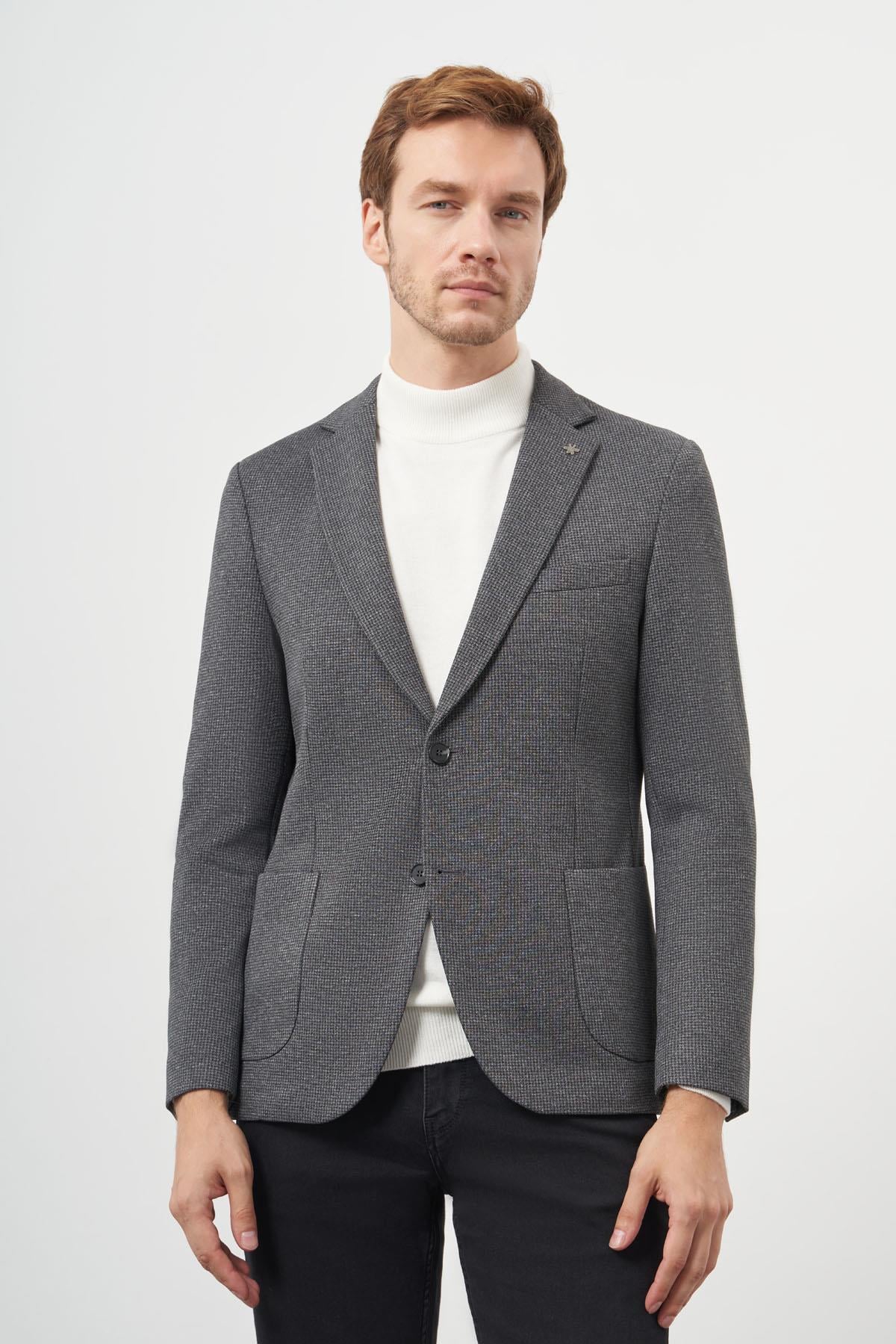 Morven Erkek Siyah Örme Slim Fit Torba Cep Mono Yaka Spor Ceket