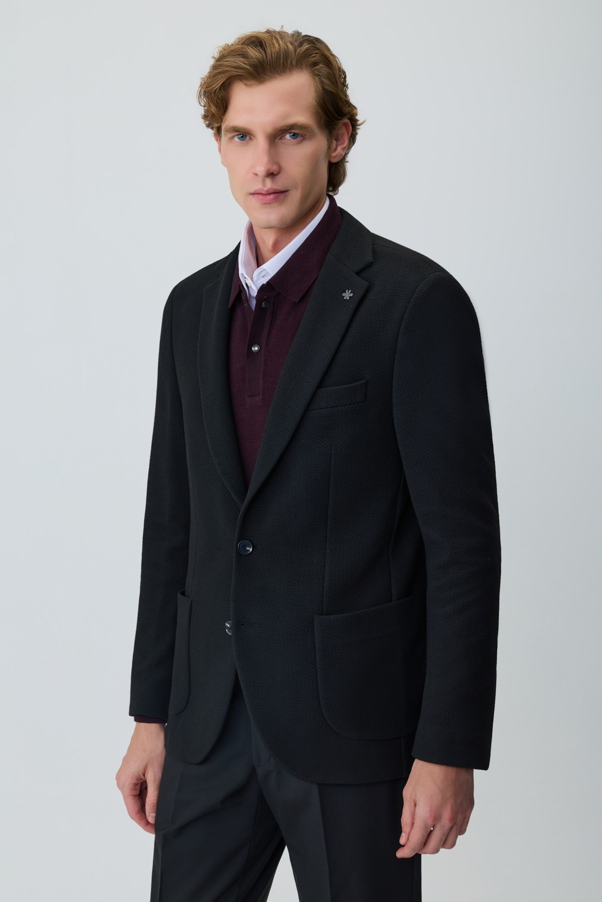 Morven Erkek Siyah Örme Trend Desenli Slim Fit Mono Yaka Ceket