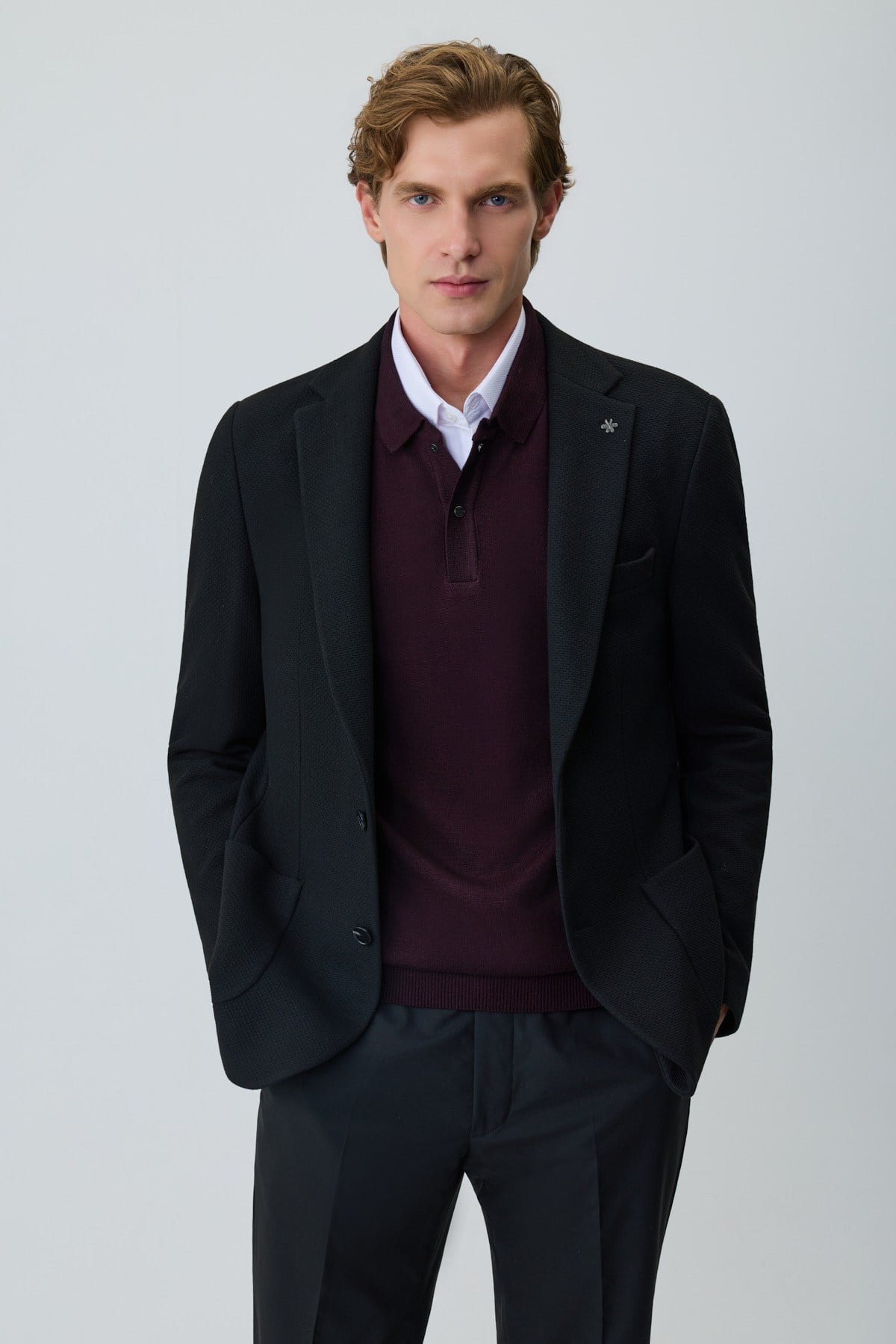 Morven Erkek Siyah Örme Trend Desenli Slim Fit Mono Yaka Ceket