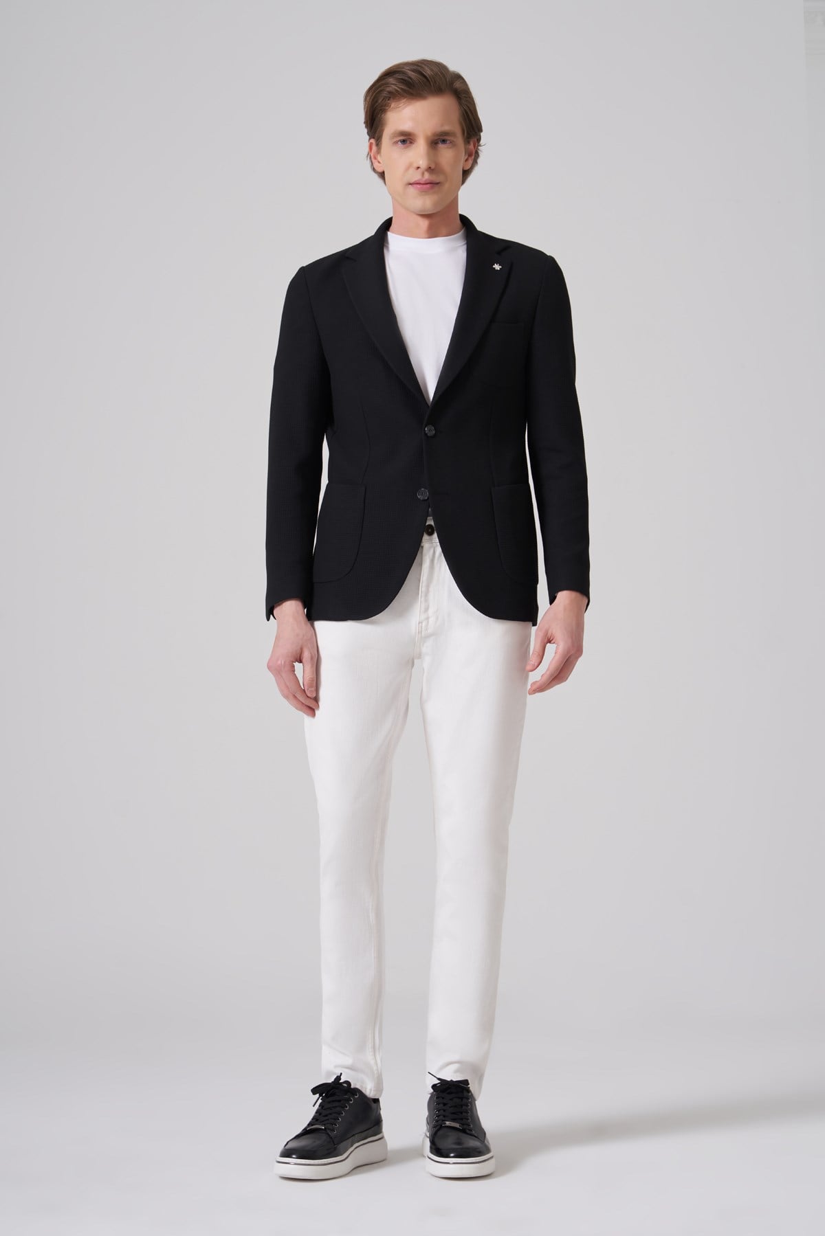 Morven Erkek Siyah Örme Trend Slim Fit Mono Yaka Ceket