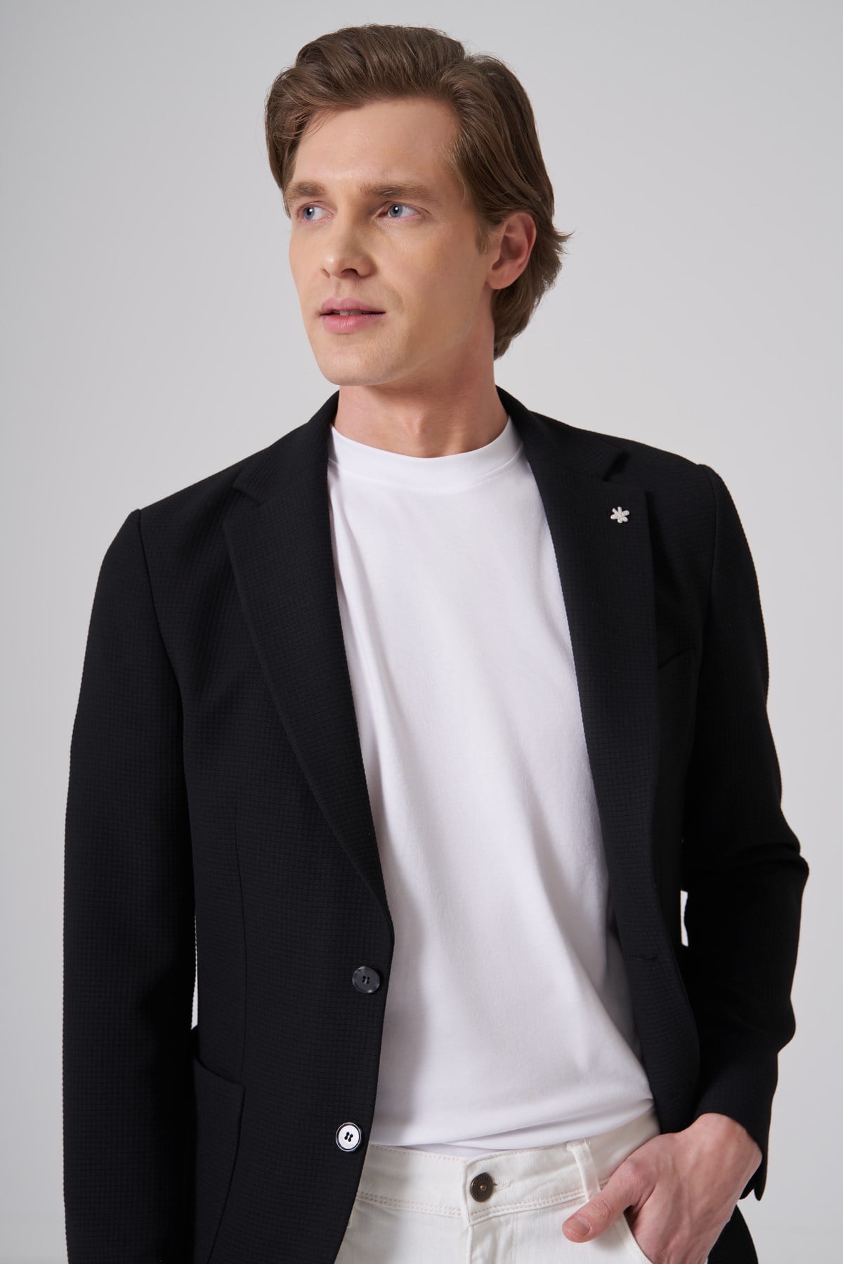 Morven Erkek Siyah Örme Trend Slim Fit Mono Yaka Ceket