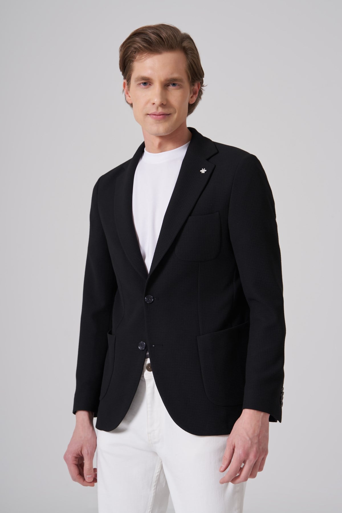 Morven Erkek Siyah Örme Trend Slim Fit Mono Yaka Ceket