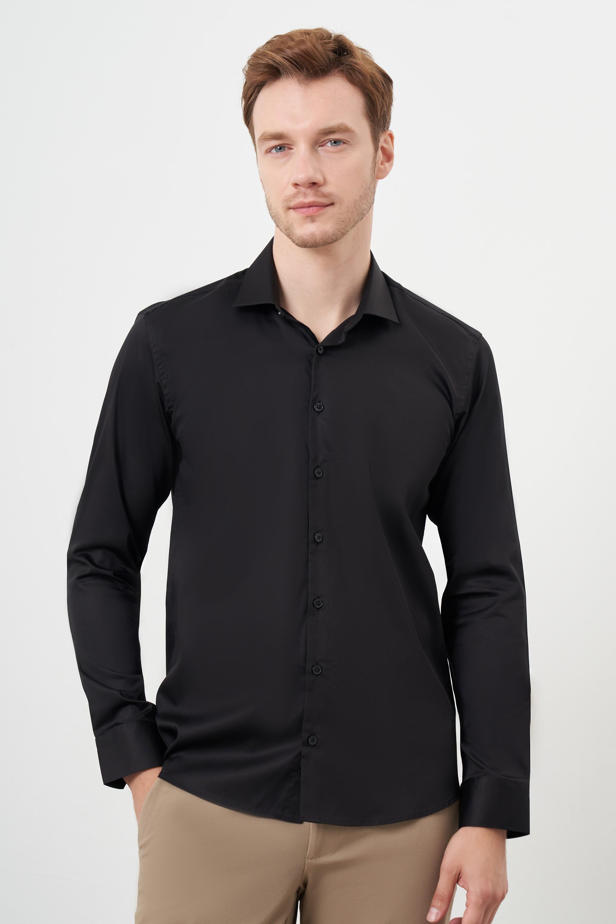 Morven Erkek Siyah Pamuk Düz Desen İtalyan Yaka Slim Fit  Gömlek